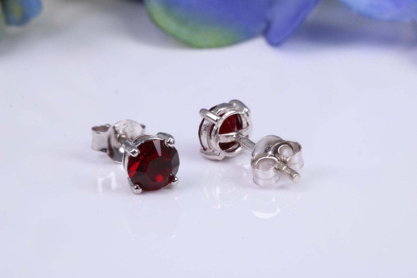 5 mm Round Garnet Cubic Zirconia set Stud Earrings, Made from Solid Cast Sterling Silver