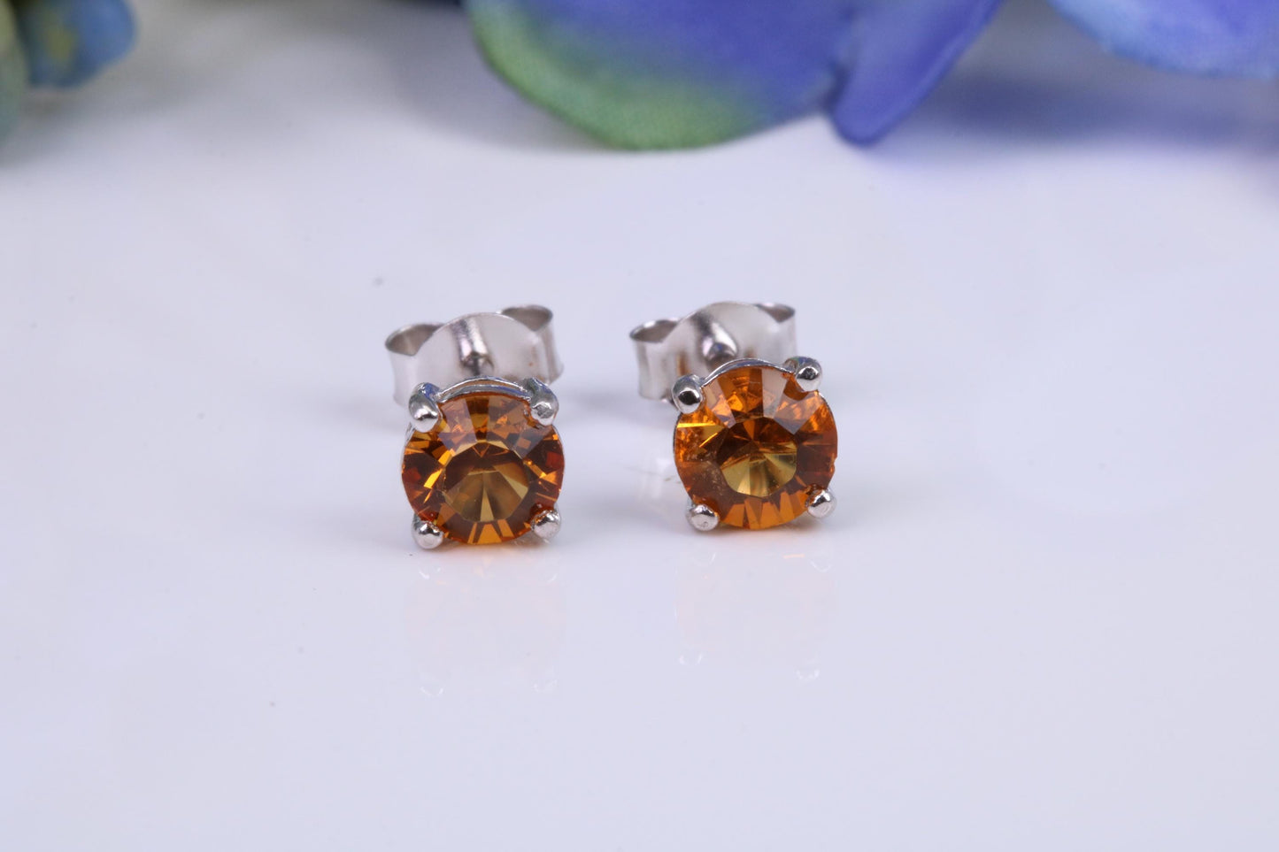 5 mm Round Citrine Cubic Zirconia set Stud Earrings, Made from Solid Cast Sterling Silver