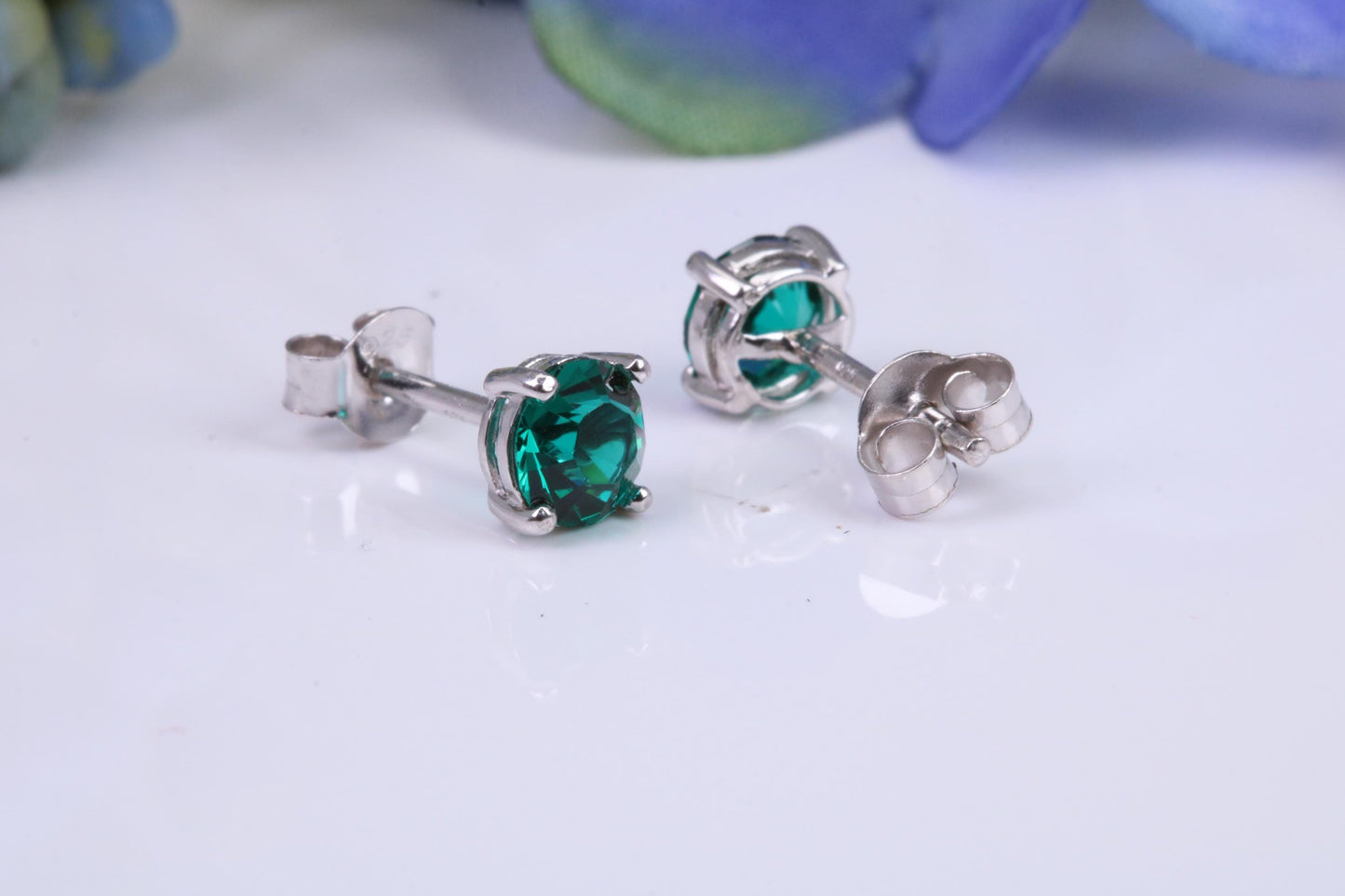5 mm Round Emerald Green Cubic Zirconia set Stud Earrings, Made from Solid Cast Sterling Silver