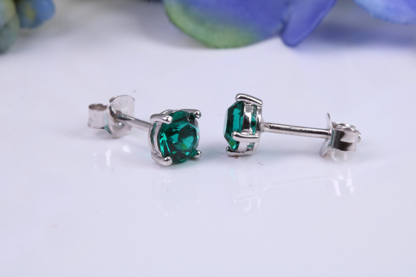 5 mm Round Emerald Green Cubic Zirconia set Stud Earrings, Made from Solid Cast Sterling Silver