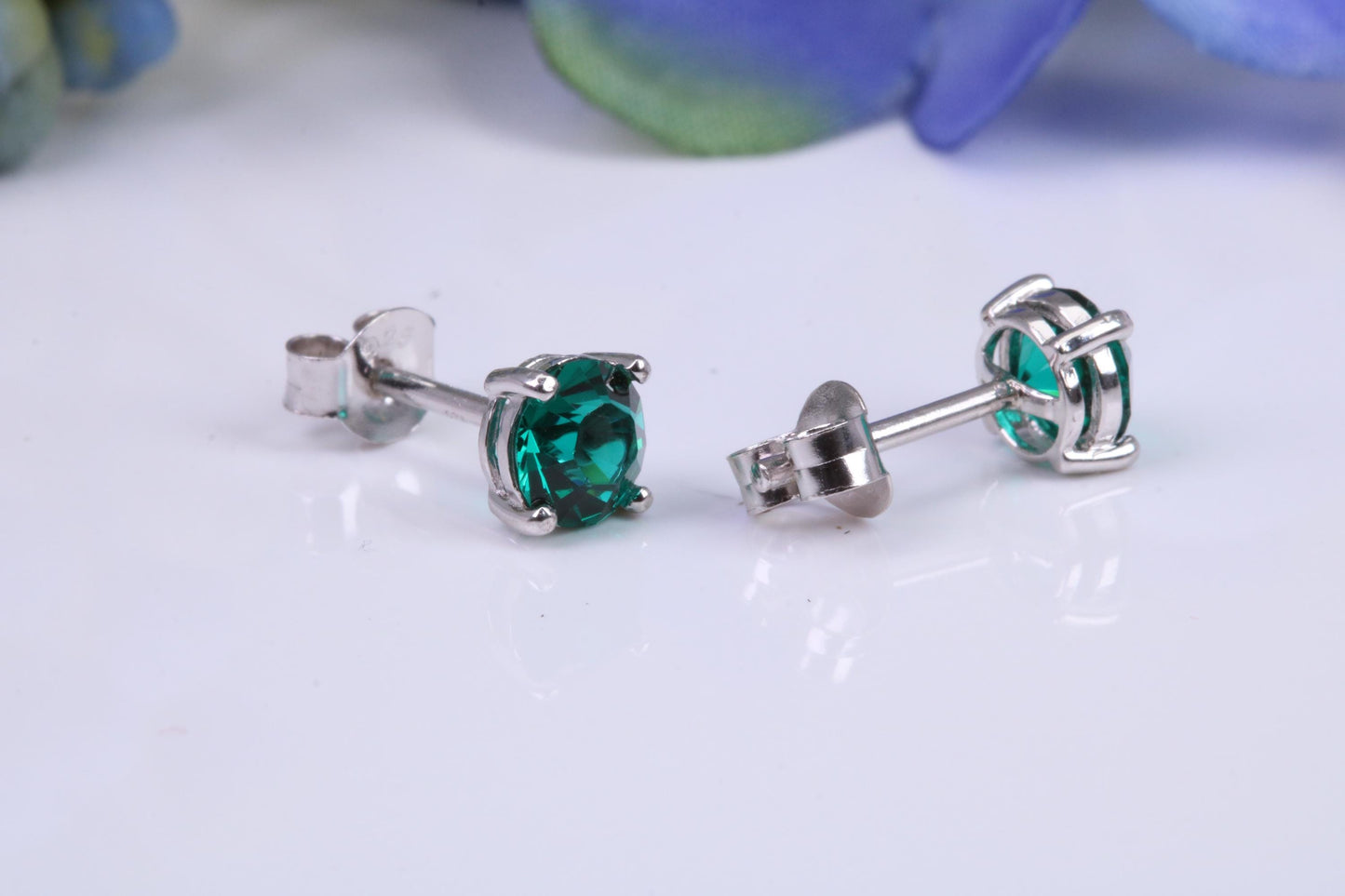 5 mm Round Emerald Green Cubic Zirconia set Stud Earrings, Made from Solid Cast Sterling Silver