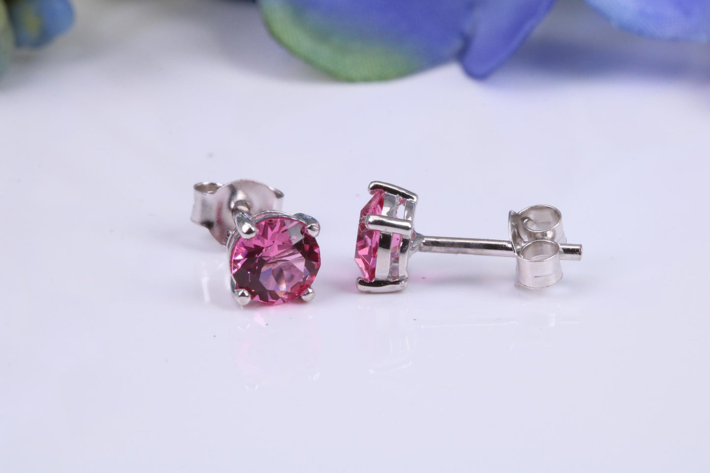 5 mm Round Pink Sapphire Cubic Zirconia set Stud Earrings, Made from Solid Cast Sterling Silver