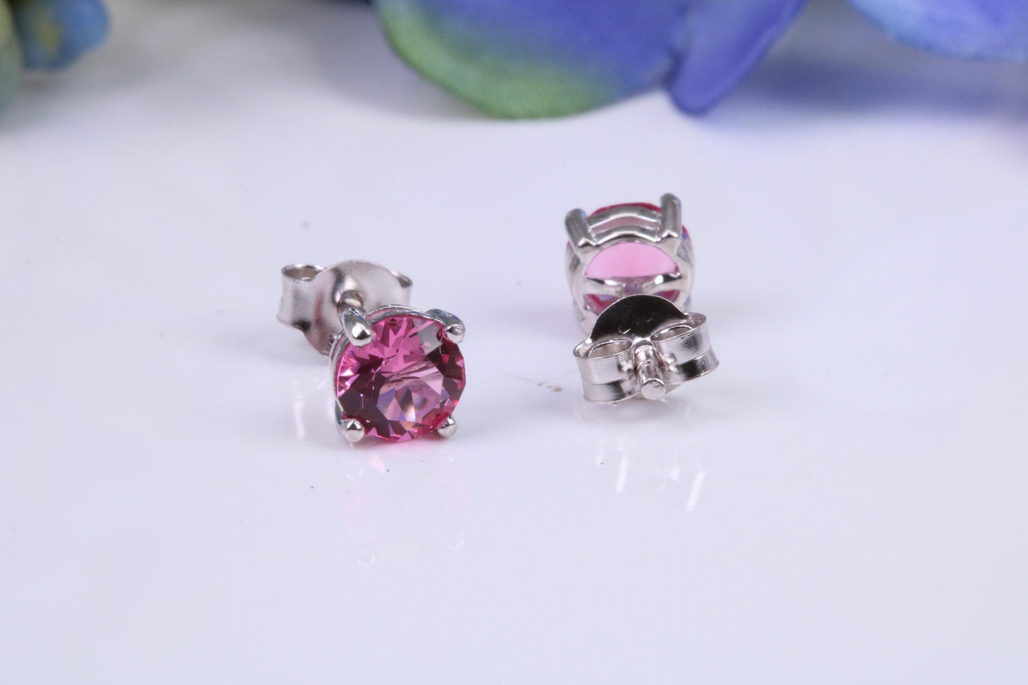 5 mm Round Pink Sapphire Cubic Zirconia set Stud Earrings, Made from Solid Cast Sterling Silver