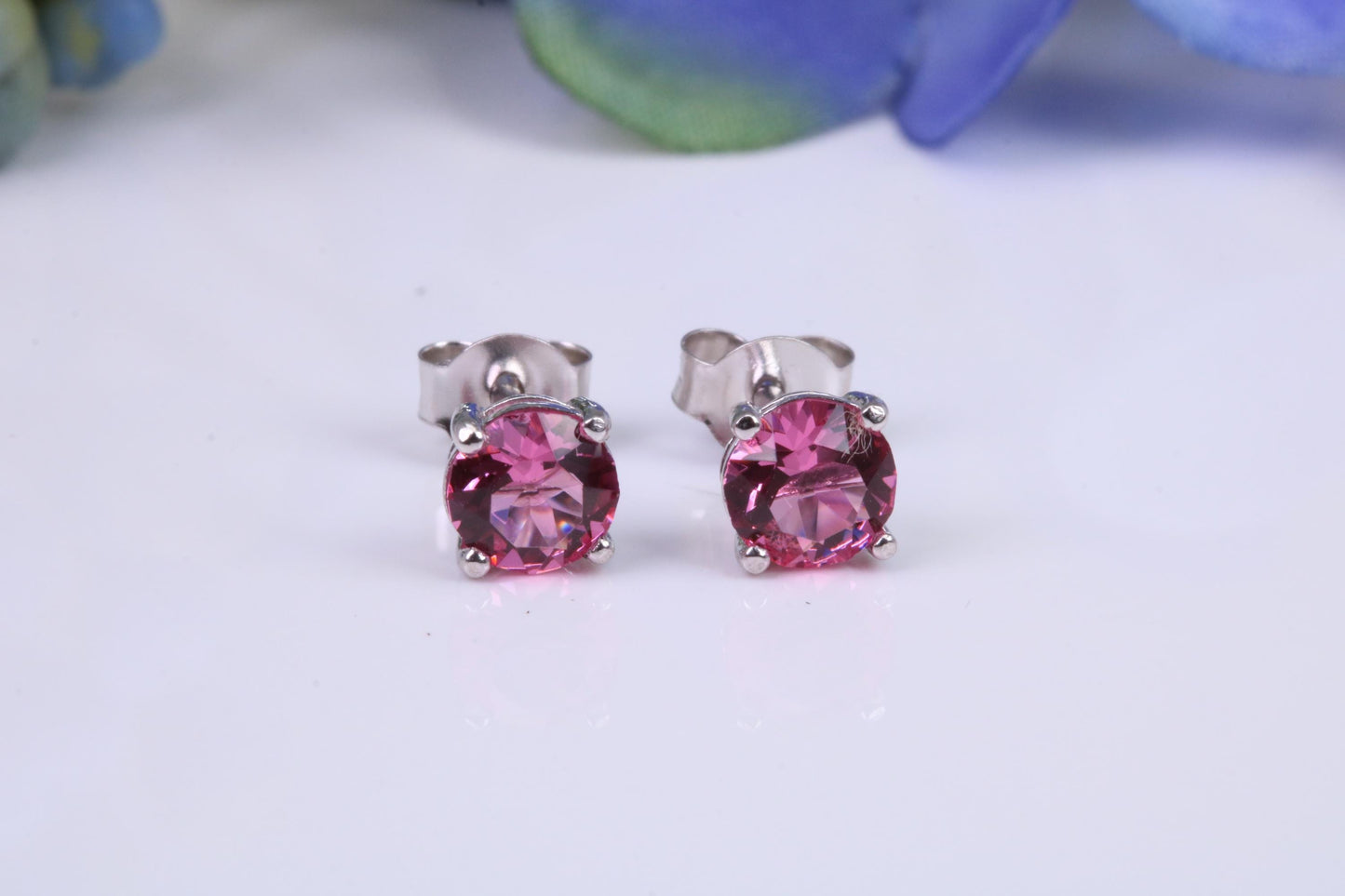 5 mm Round Pink Sapphire Cubic Zirconia set Stud Earrings, Made from Solid Cast Sterling Silver