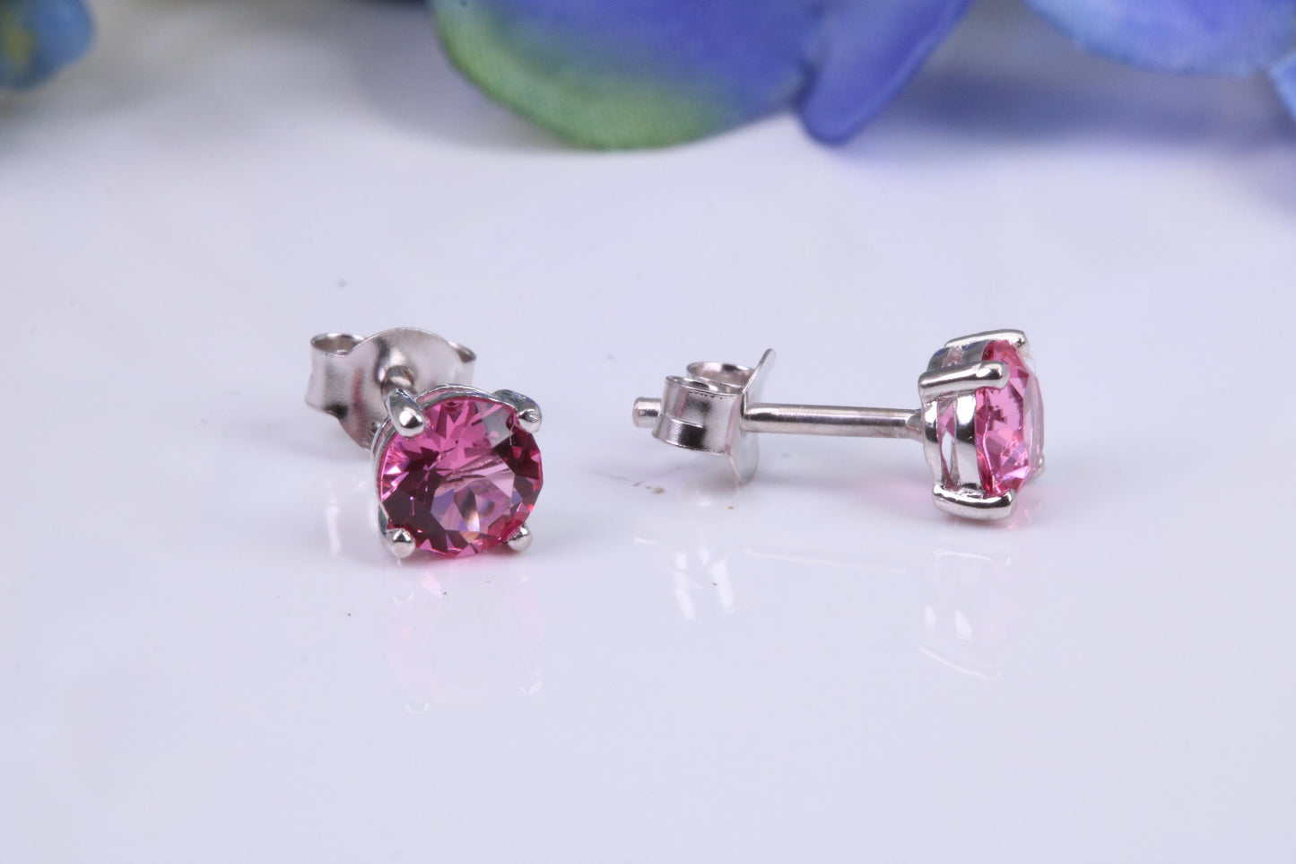 5 mm Round Pink Sapphire Cubic Zirconia set Stud Earrings, Made from Solid Cast Sterling Silver