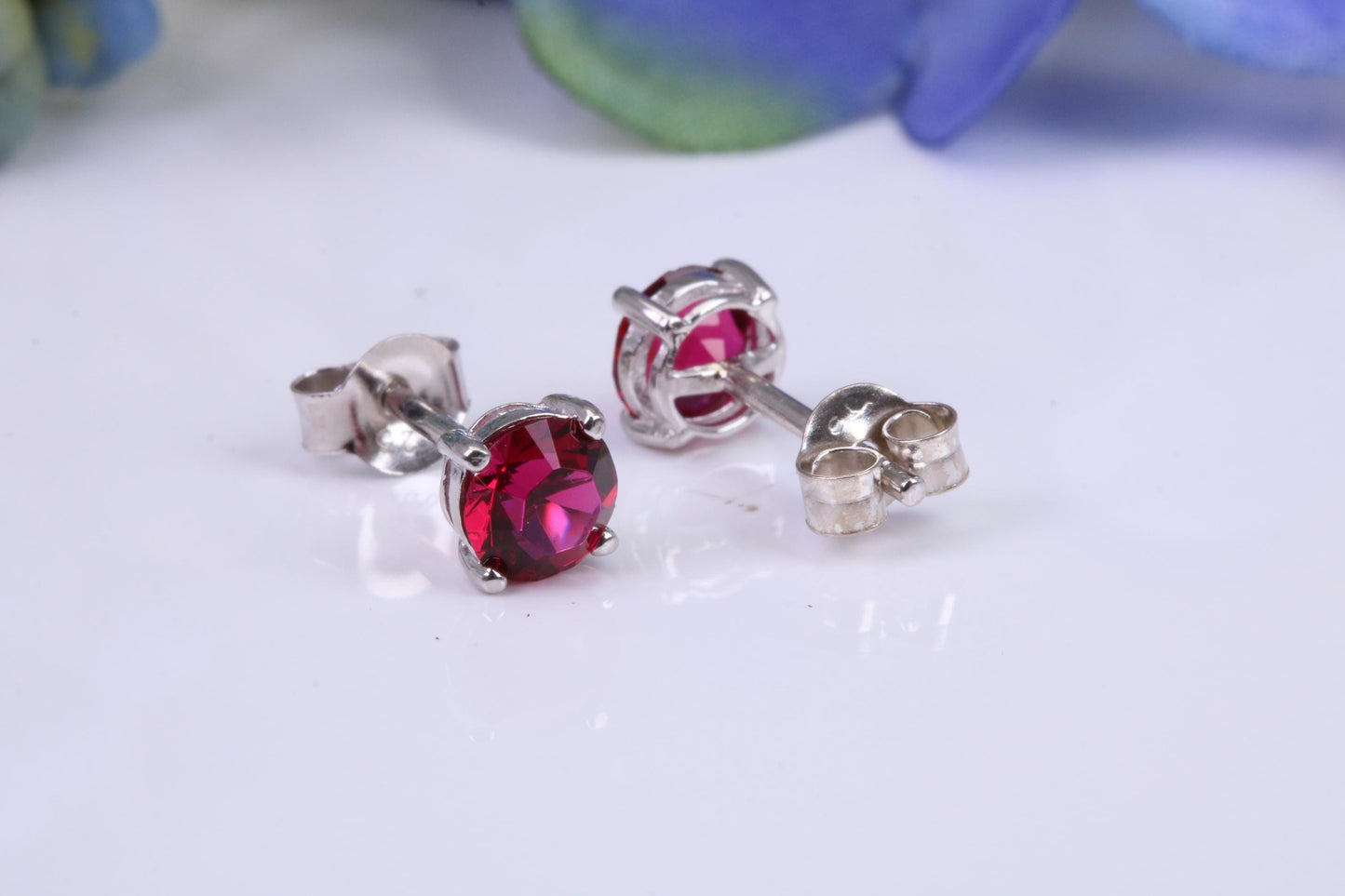 5 mm Round Ruby Red Cubic Zirconia set Stud Earrings, Made from Solid Cast Sterling Silver