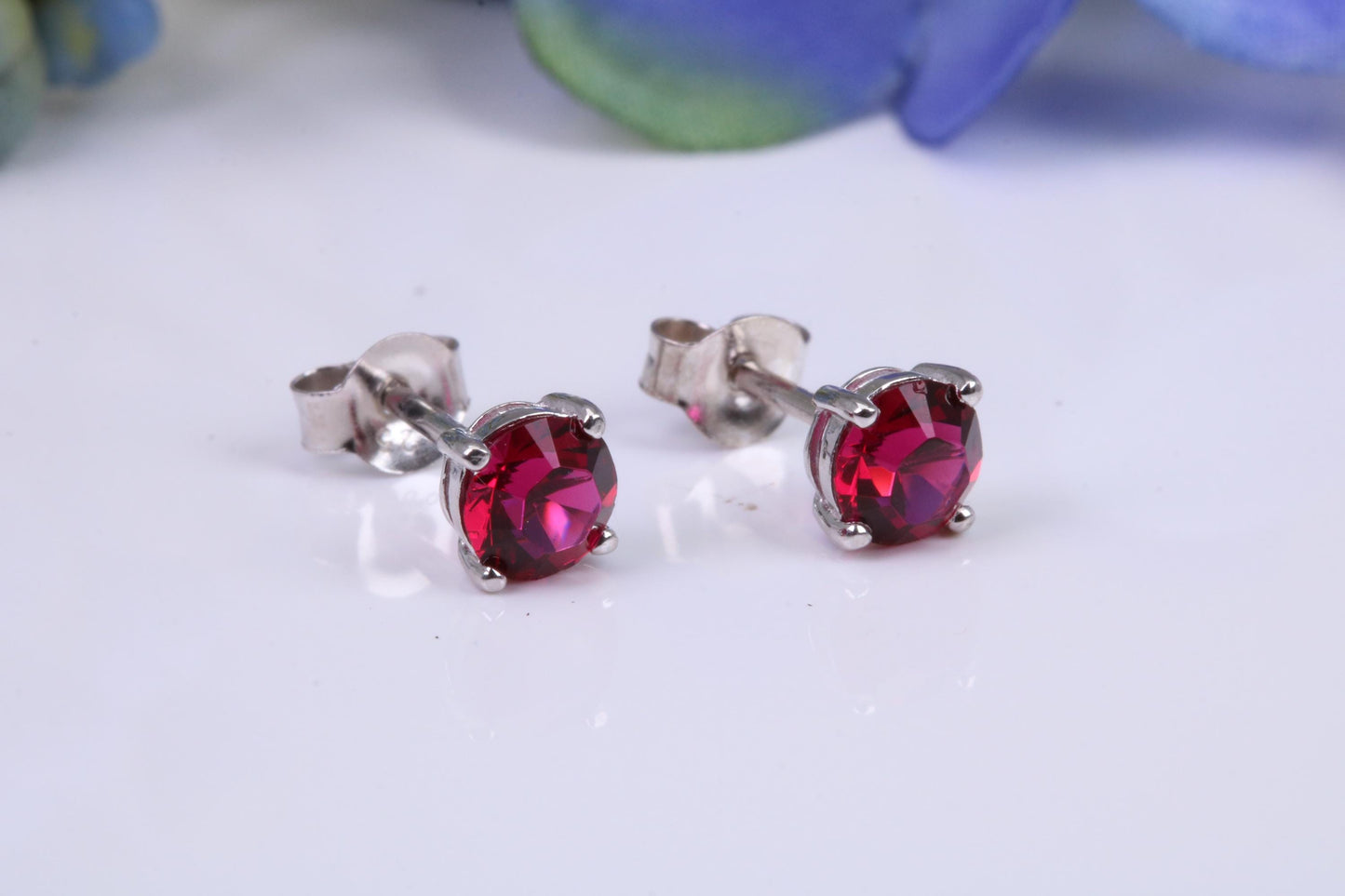 5 mm Round Ruby Red Cubic Zirconia set Stud Earrings, Made from Solid Cast Sterling Silver