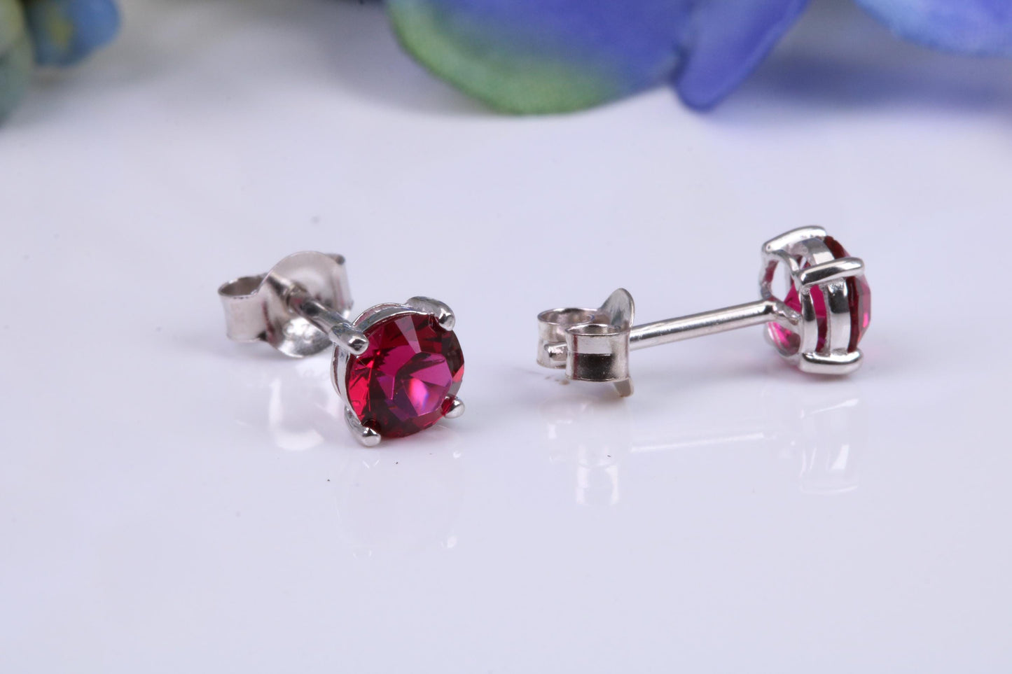 5 mm Round Ruby Red Cubic Zirconia set Stud Earrings, Made from Solid Cast Sterling Silver