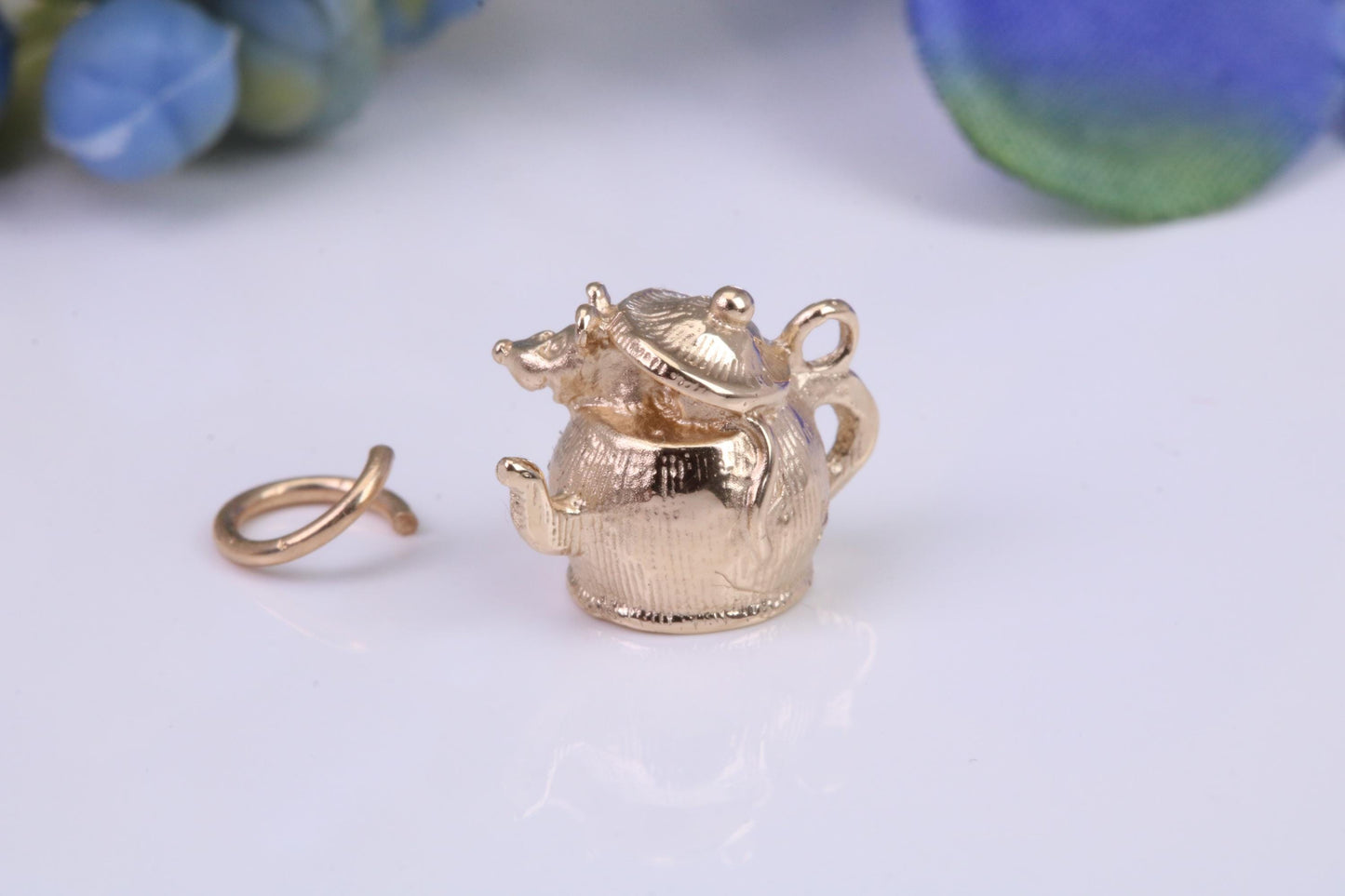 Mouse in Teapot Charm, Traditional Charm, Made From Solid Yellow Gold with British Hallmark, Complete with Attachment Link