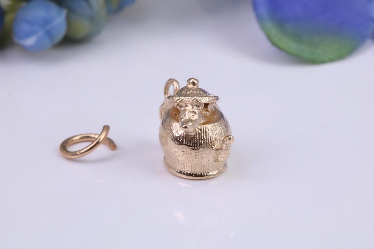 Mouse in Teapot Charm, Traditional Charm, Made From Solid Yellow Gold with British Hallmark, Complete with Attachment Link