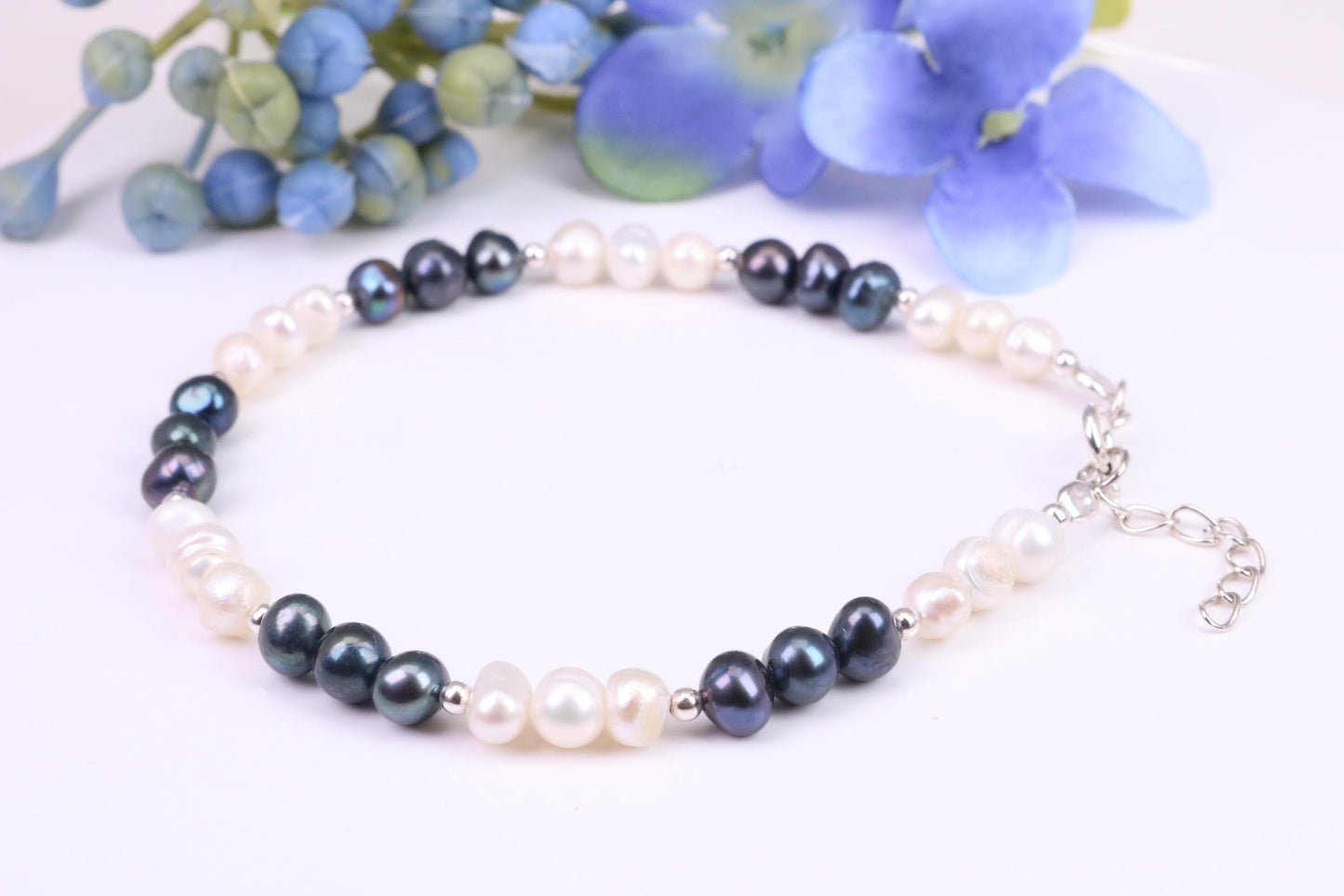 Black and White Pearl Bracelet, made from Sterling Silver with Length Adjustable Chain