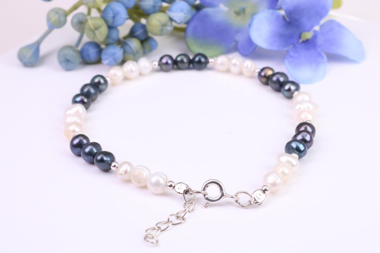 Black and White Pearl Bracelet, made from Sterling Silver with Length Adjustable Chain