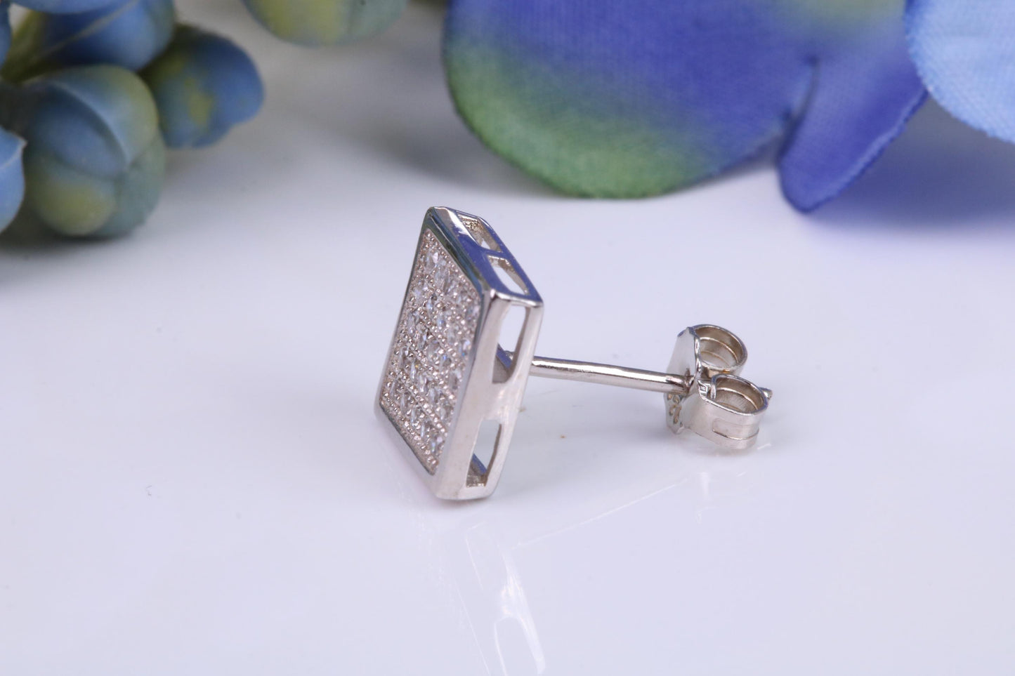 Mans Large 9 mm Square Diamond White Cubic Zirconia set Single Stud Earring, Made from Solid Cast Sterling Silver, Ideal for Gents