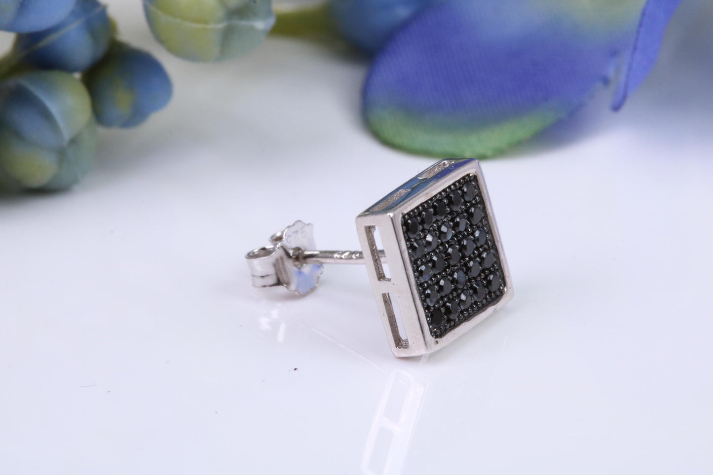Mans Large 9 mm Square Black Diamond Cubic Zirconia set Single Stud Earring, Made from Solid Cast Sterling Silver, Ideal for Gents