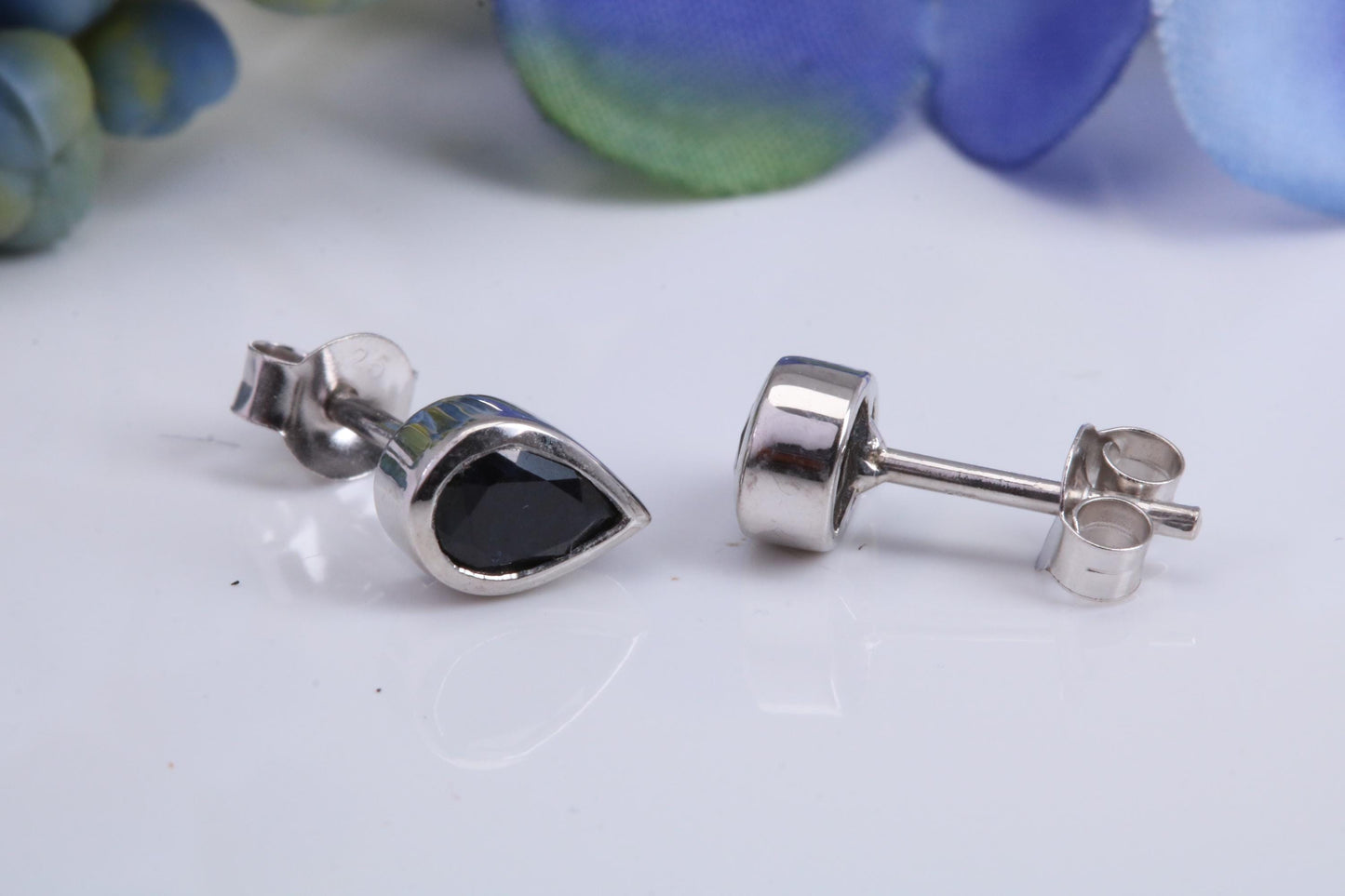 Black Teardrop cut Cubic Zirconia set Stud Earrings, Made from Solid Cast Sterling Silver