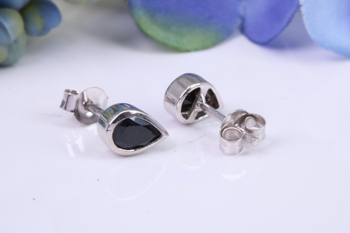 Black Teardrop cut Cubic Zirconia set Stud Earrings, Made from Solid Cast Sterling Silver