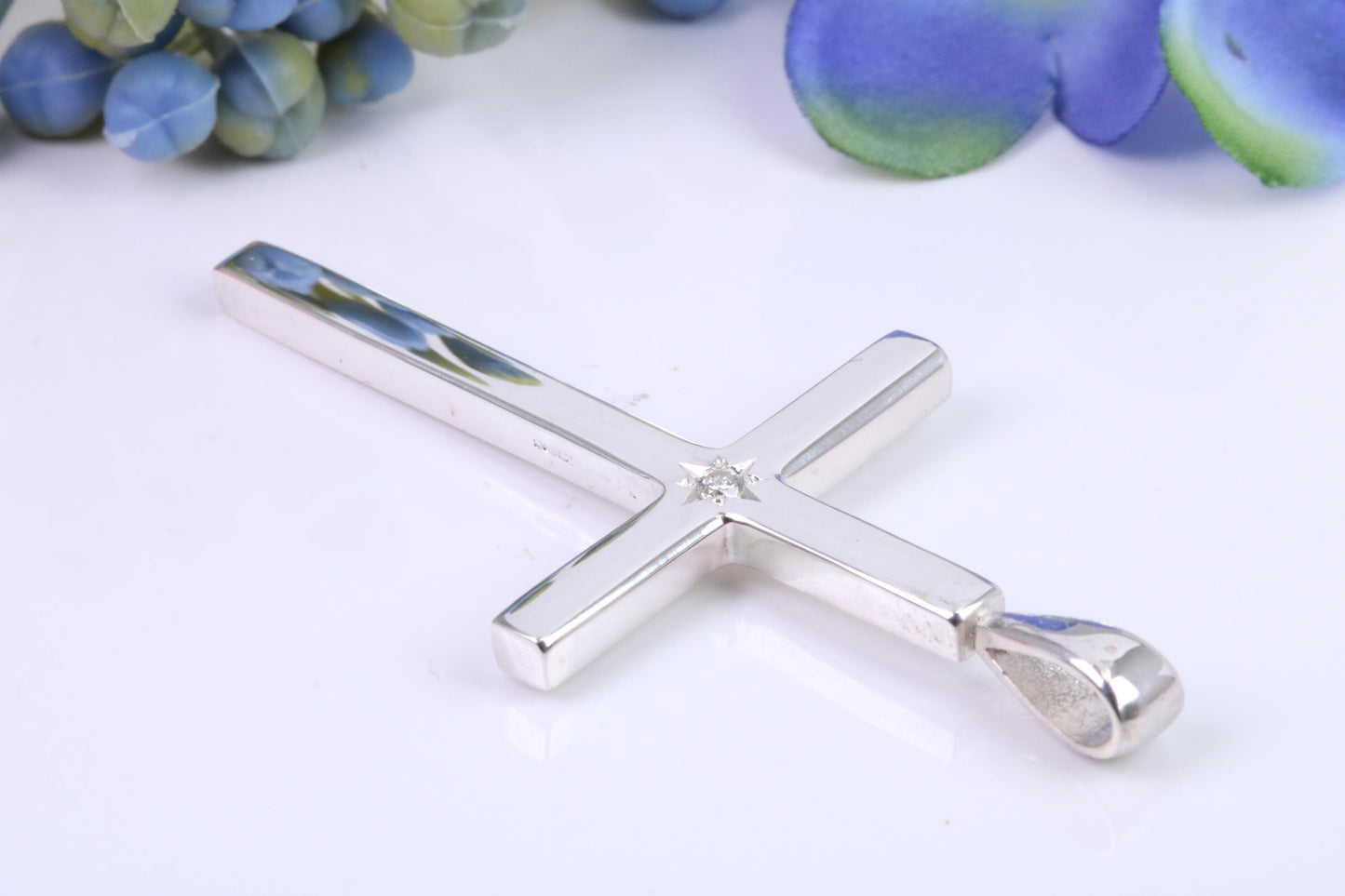 Natural Diamond set Very Large 50 mm Long Chunky Cross, High Polished Finish, Made From Solid Cast Silver, British Hallmarked