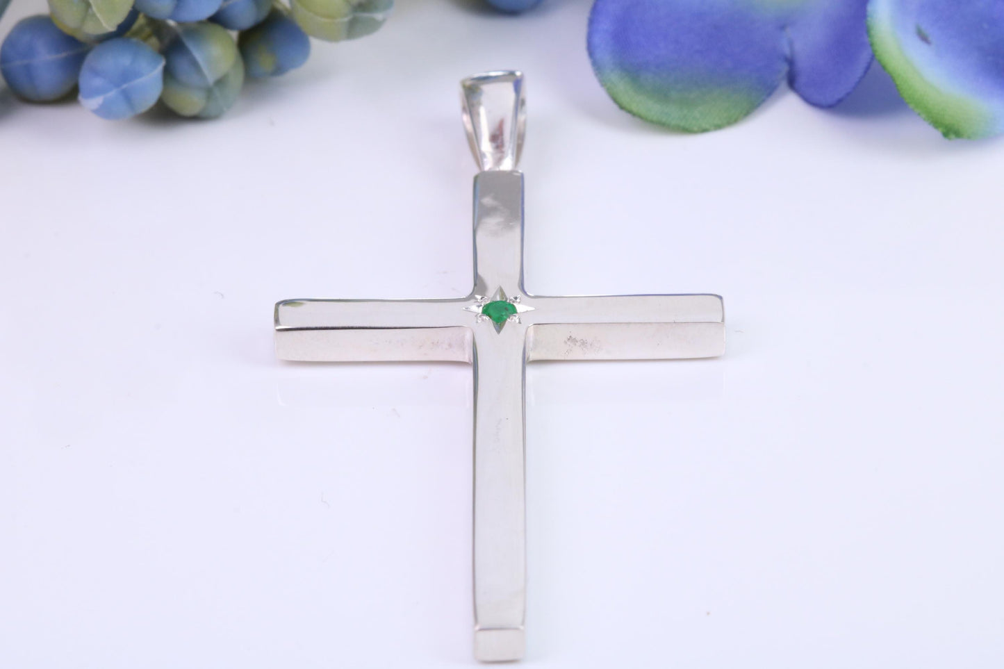 Natural Emerald set Very Large 50 mm Long Chunky Cross, High Polished Finish, Made From Solid Cast Silver, British Hallmarked