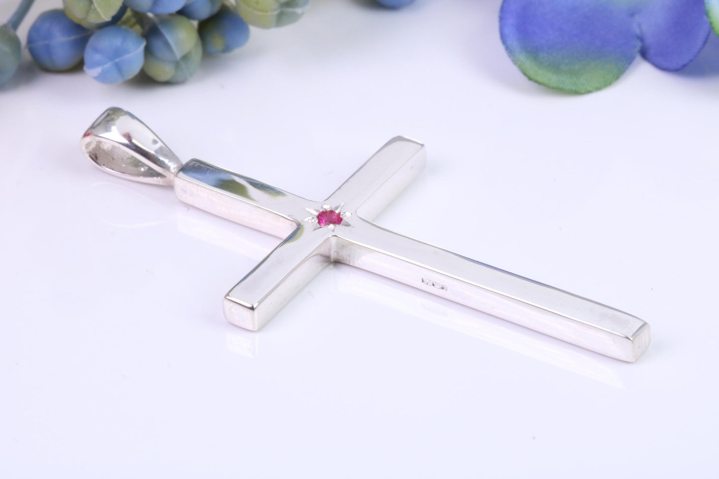 Natural Ruby set Very Large 50 mm Long Chunky Cross, High Polished Finish, Made From Solid Cast Silver, British Hallmarked