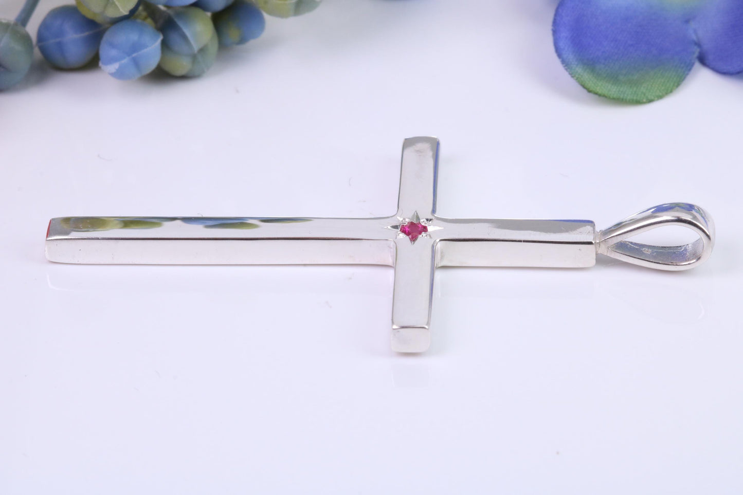 Natural Ruby set Very Large 50 mm Long Chunky Cross, High Polished Finish, Made From Solid Cast Silver, British Hallmarked