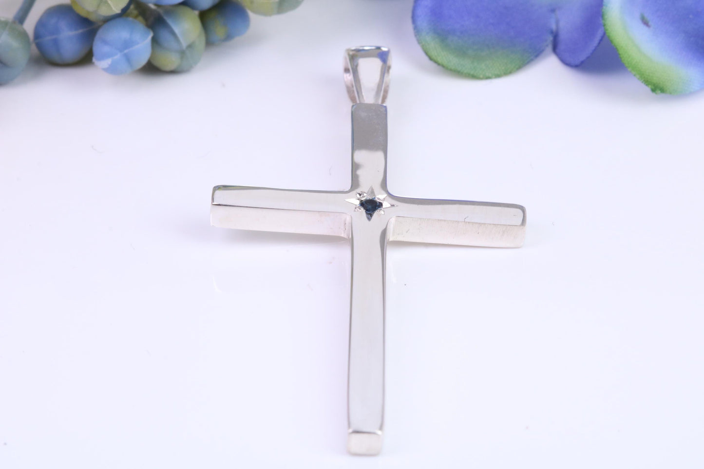 Natural Sapphire set Very Large 50 mm Long Chunky Cross, High Polished Finish, Made From Solid Cast Silver, British Hallmarked