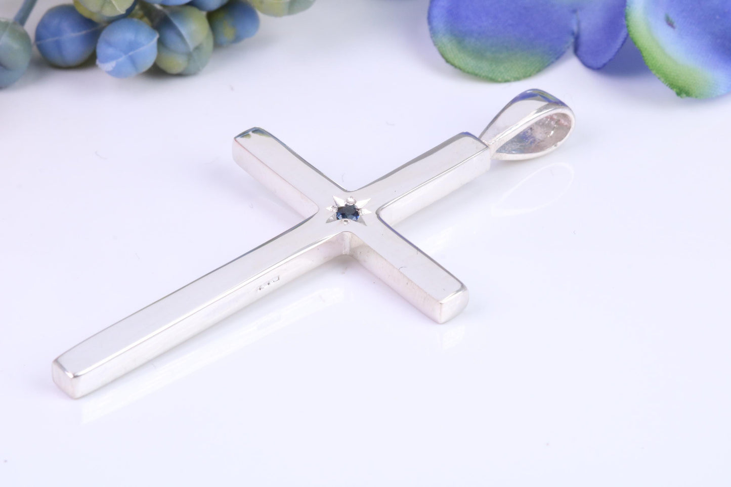 Natural Sapphire set Very Large 50 mm Long Chunky Cross, High Polished Finish, Made From Solid Cast Silver, British Hallmarked