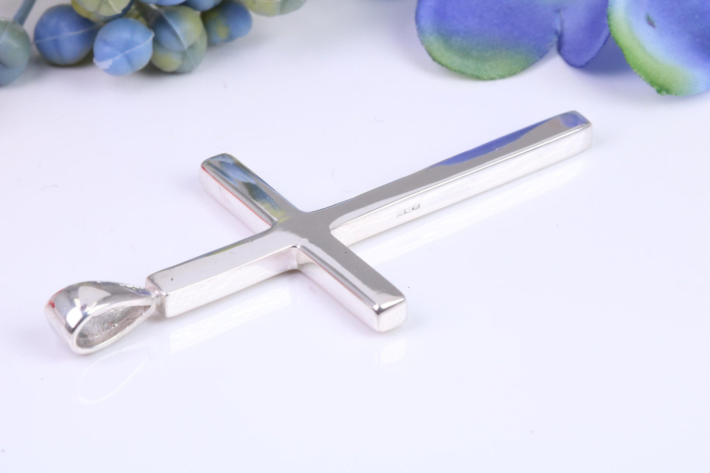 Natural Sapphire set Very Large 50 mm Long Chunky Cross, High Polished Finish, Made From Solid Cast Silver, British Hallmarked