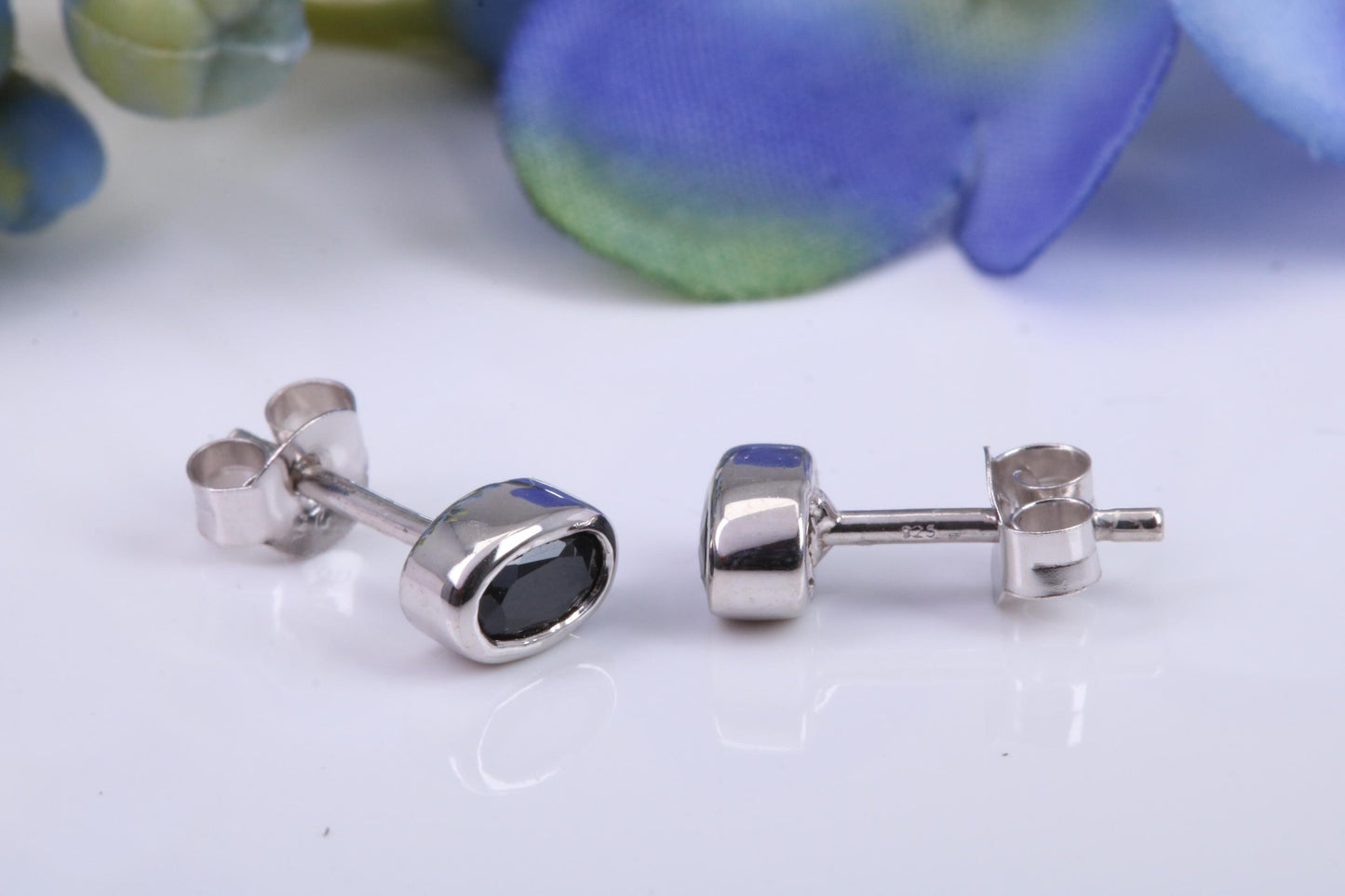Black Oval cut Cubic Zirconia set Stud Earrings, Made from Solid Cast Sterling Silver