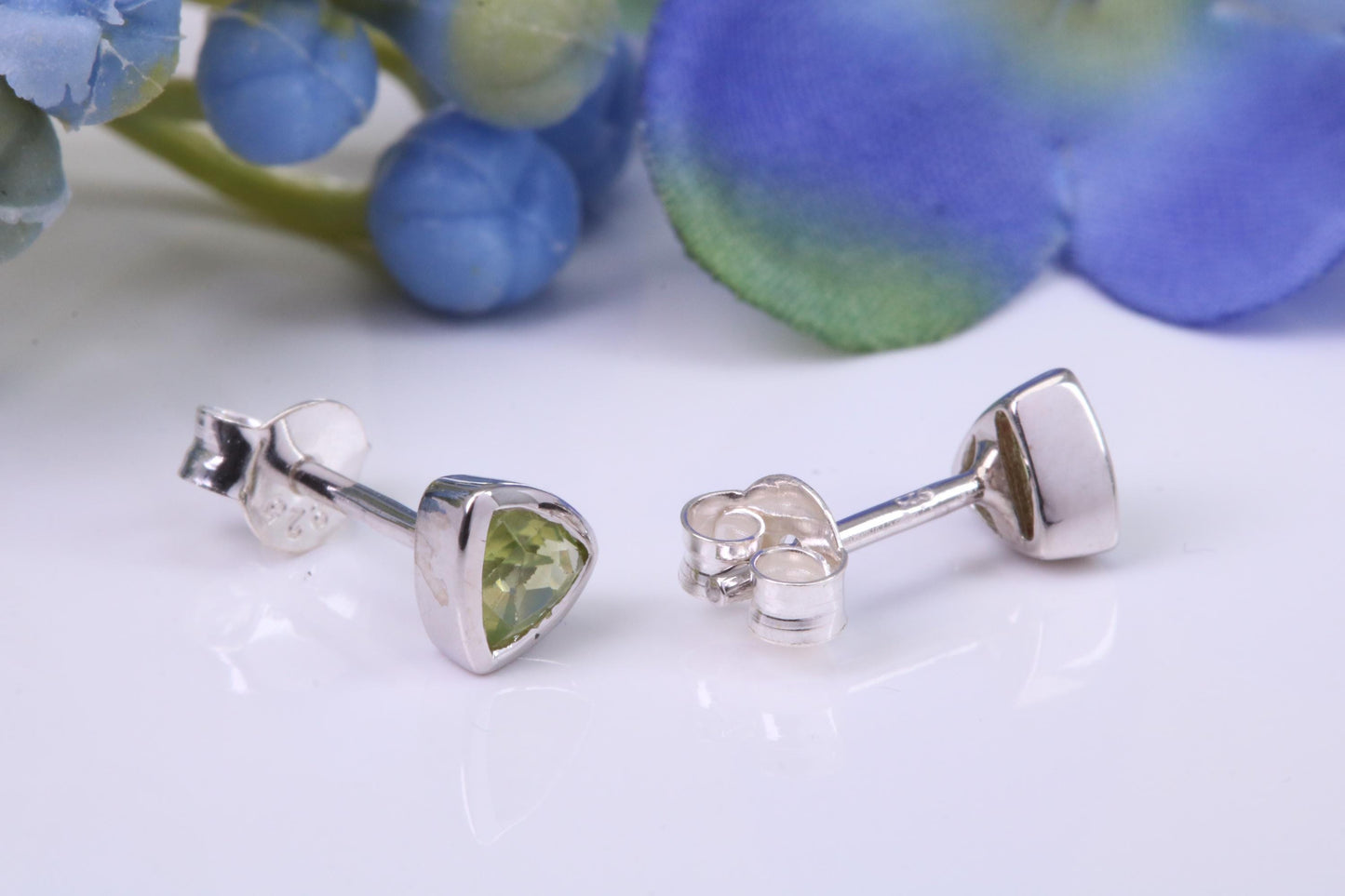 Real Trillion cut Peridot set Stud Earrings, Very Dressy, Made from Solid 925 Grade Sterling Silver