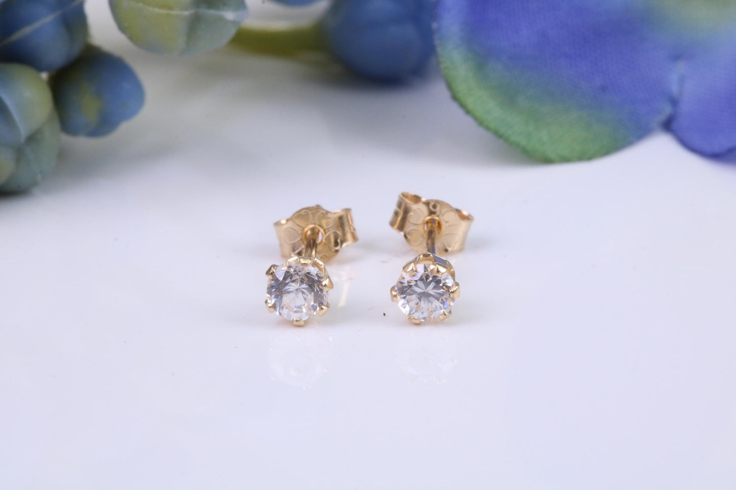 Small 3 mm Round Cubic Zirconia set Stud Earrings, Made from Solid 9ct Yellow Gold