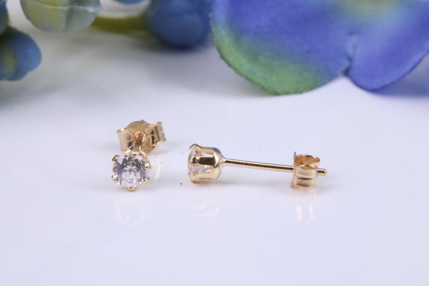 Small 3 mm Round Cubic Zirconia set Stud Earrings, Made from Solid 9ct Yellow Gold