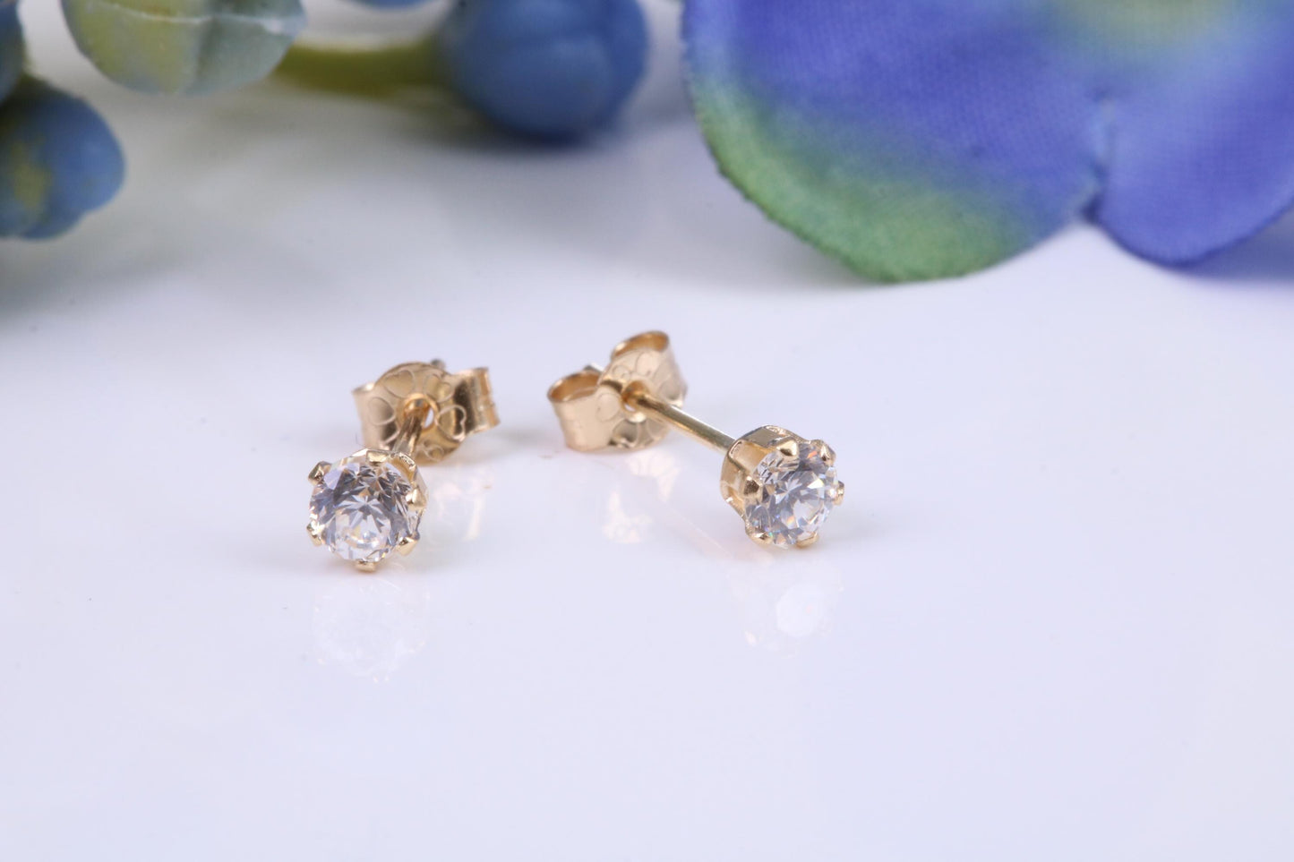 Small 3 mm Round Cubic Zirconia set Stud Earrings, Made from Solid 9ct Yellow Gold