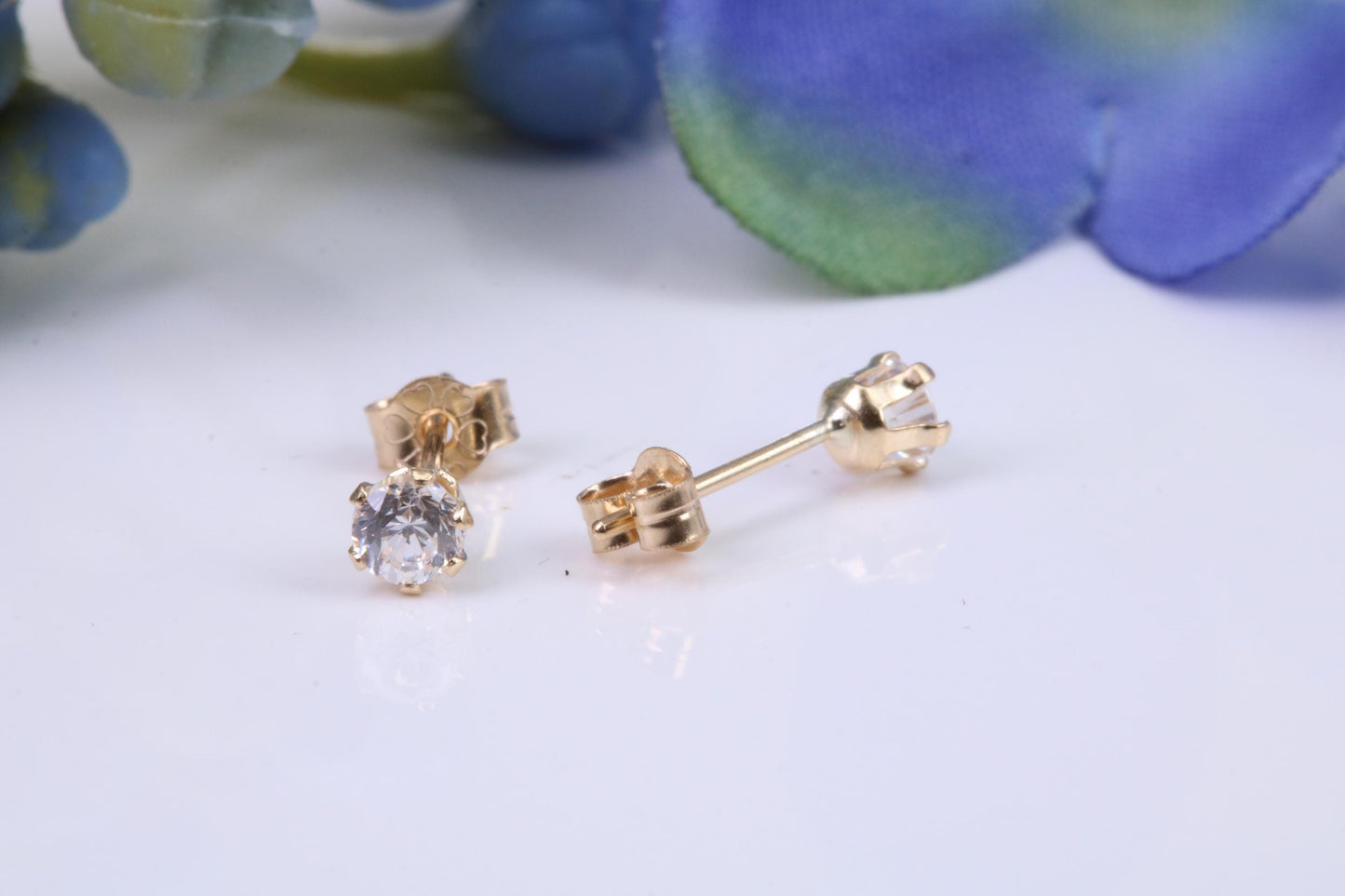 Small 3 mm Round Cubic Zirconia set Stud Earrings, Made from Solid 9ct Yellow Gold