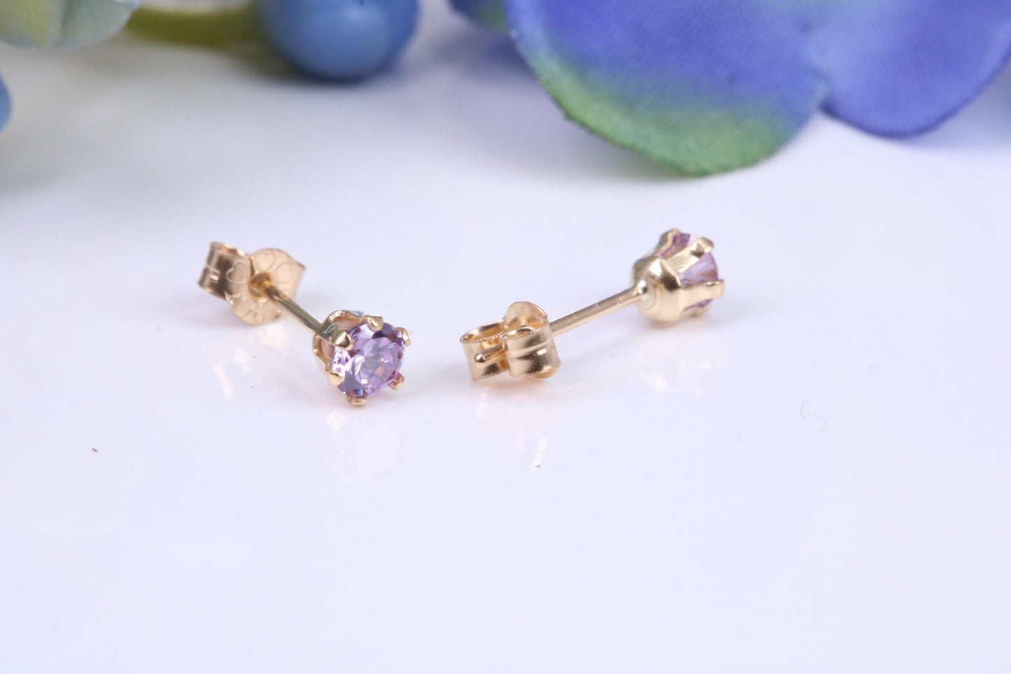 Small 3 mm Round Amethyst Cubic Zirconia set Stud Earrings, Made from Solid 9ct Yellow Gold