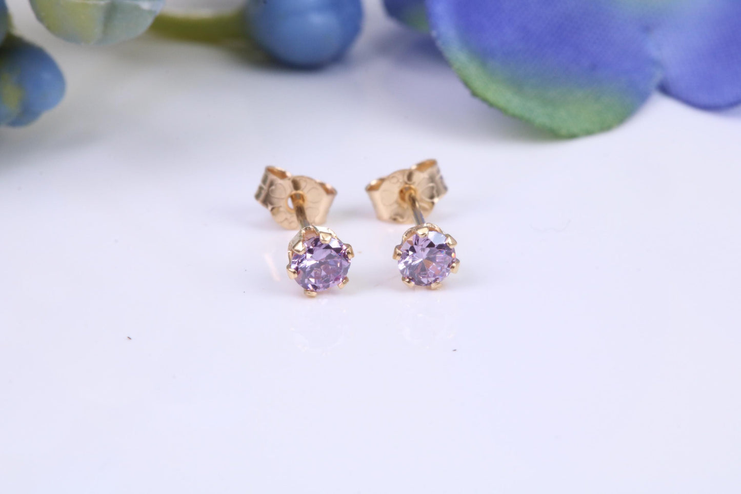 Small 3 mm Round Amethyst Cubic Zirconia set Stud Earrings, Made from Solid 9ct Yellow Gold