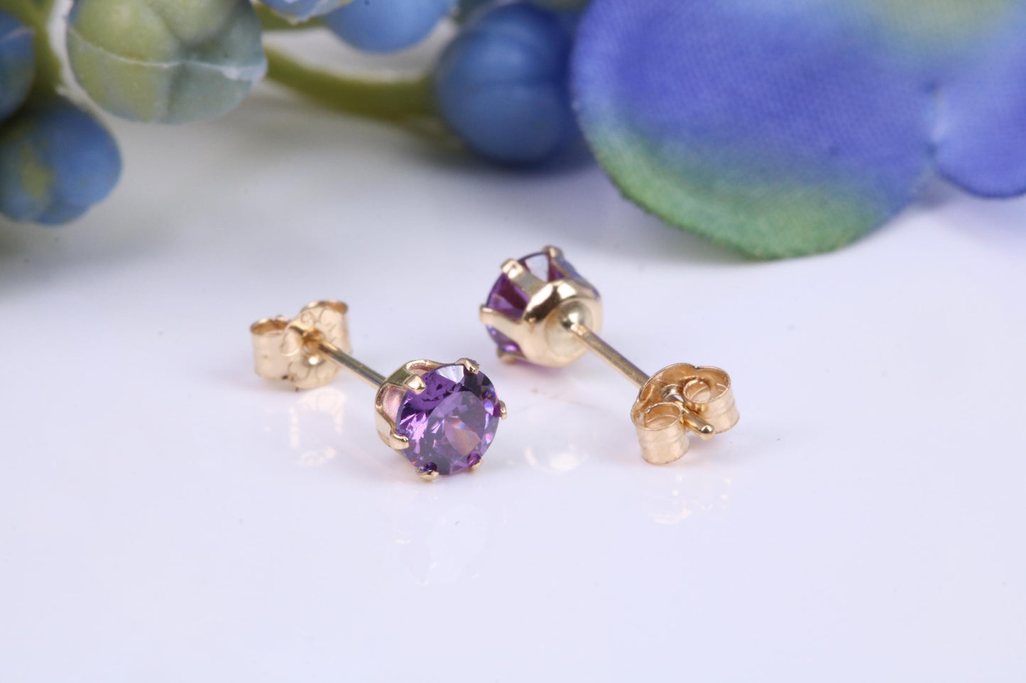 Small 4 mm Round Amethyst Cubic Zirconia set Stud Earrings, Made from Solid 9ct Yellow Gold