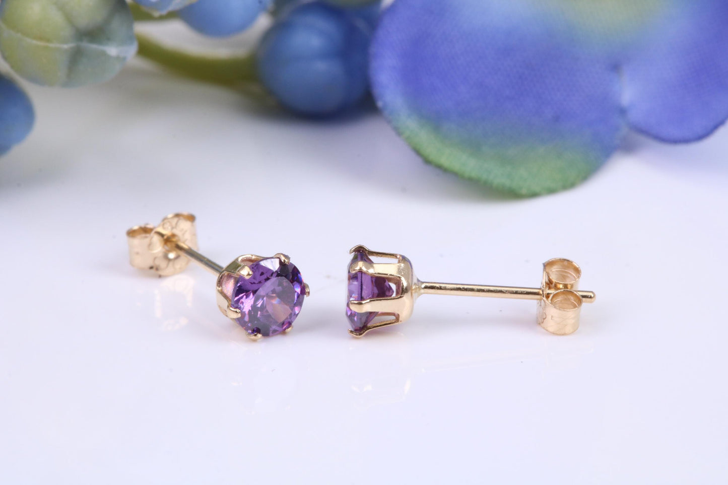 Small 4 mm Round Amethyst Cubic Zirconia set Stud Earrings, Made from Solid 9ct Yellow Gold