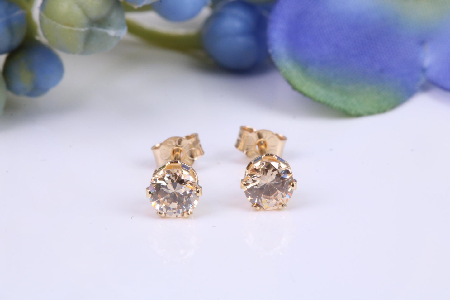 4 mm Round Champagne Coloured Cubic Zirconia Six Claw set Stud Earrings, Made from Solid 9ct Yellow Gold