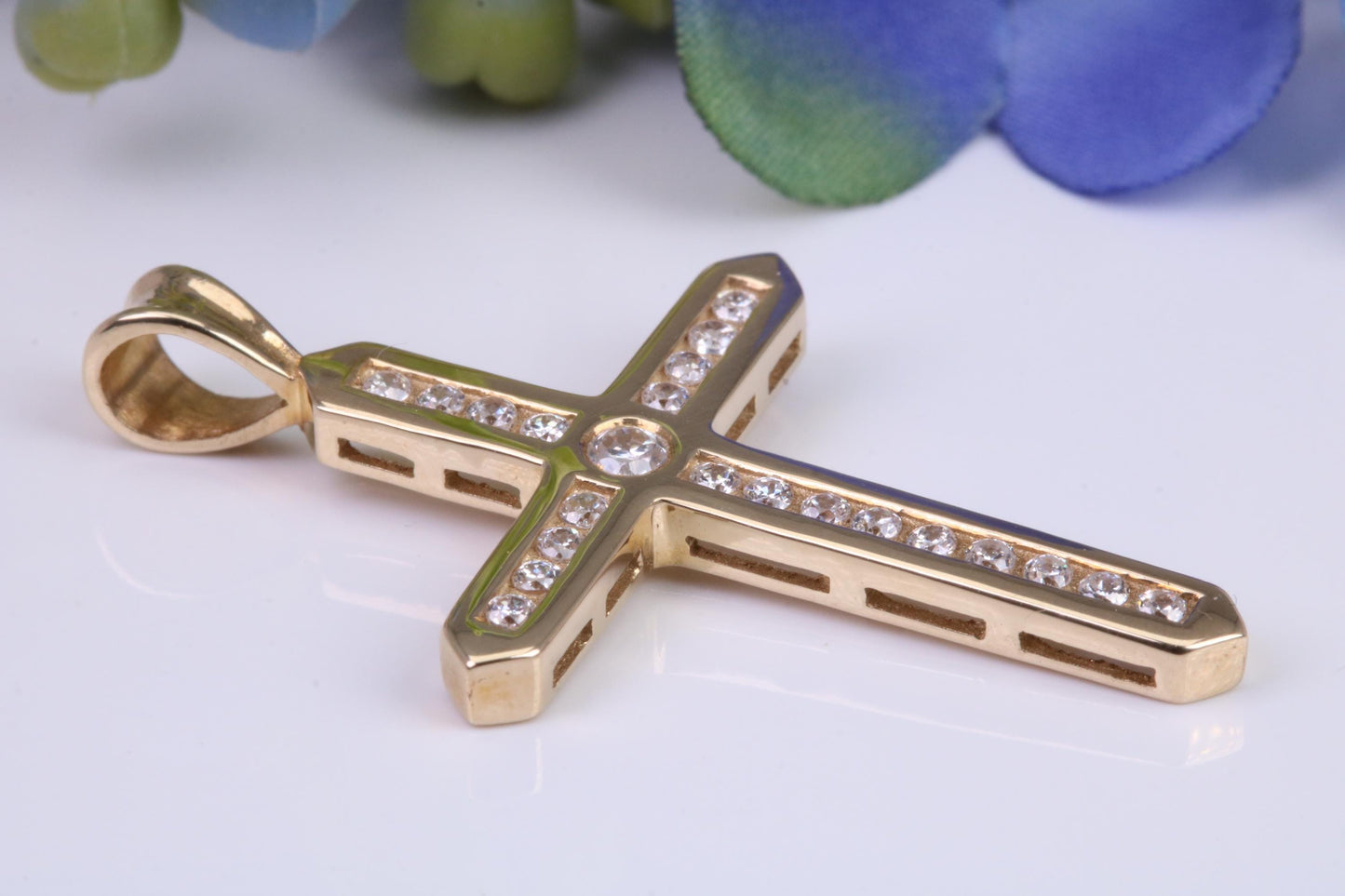 38 mm Long Yellow Gold Cubic Zirconia set Cross, British Hallmarked, Gold and Diamond Look