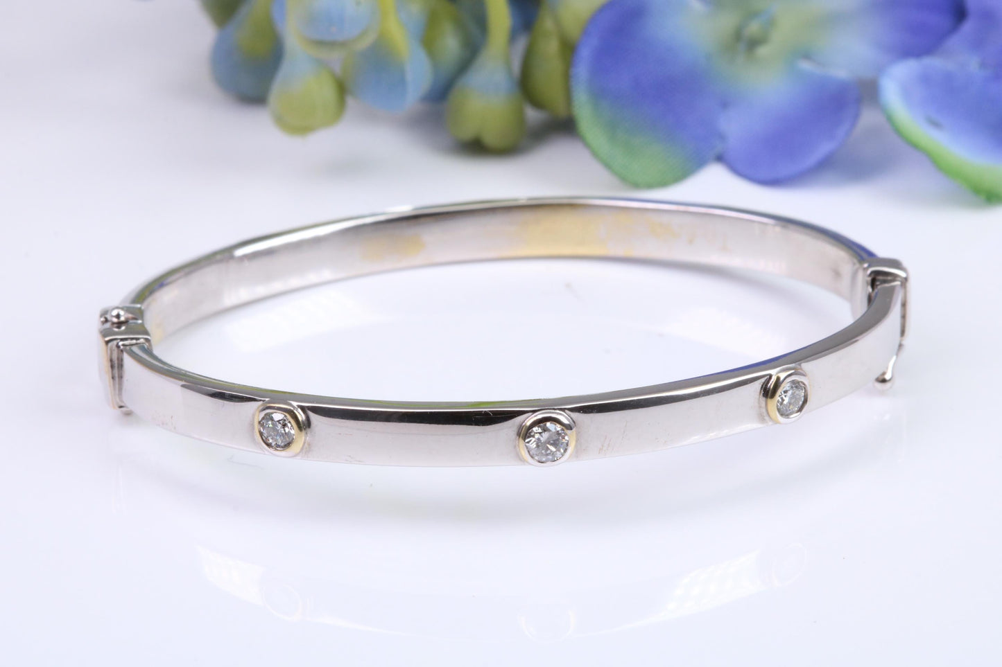 Natural Diamond set Childs White Gold 4 mm Wide Bangle, Hinged Opening