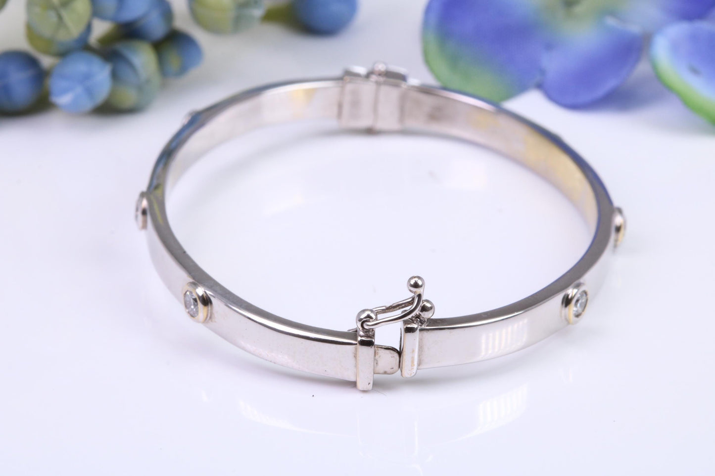 Natural Diamond set Childs White Gold 4 mm Wide Bangle, Hinged Opening