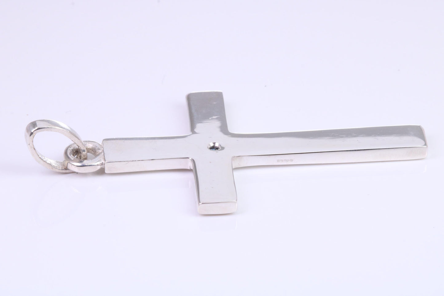 Very Large 60 mm Long Chunky Cross set with Natural Square cut Sapphire, Made From Solid Cast Silver, British Hallmarked