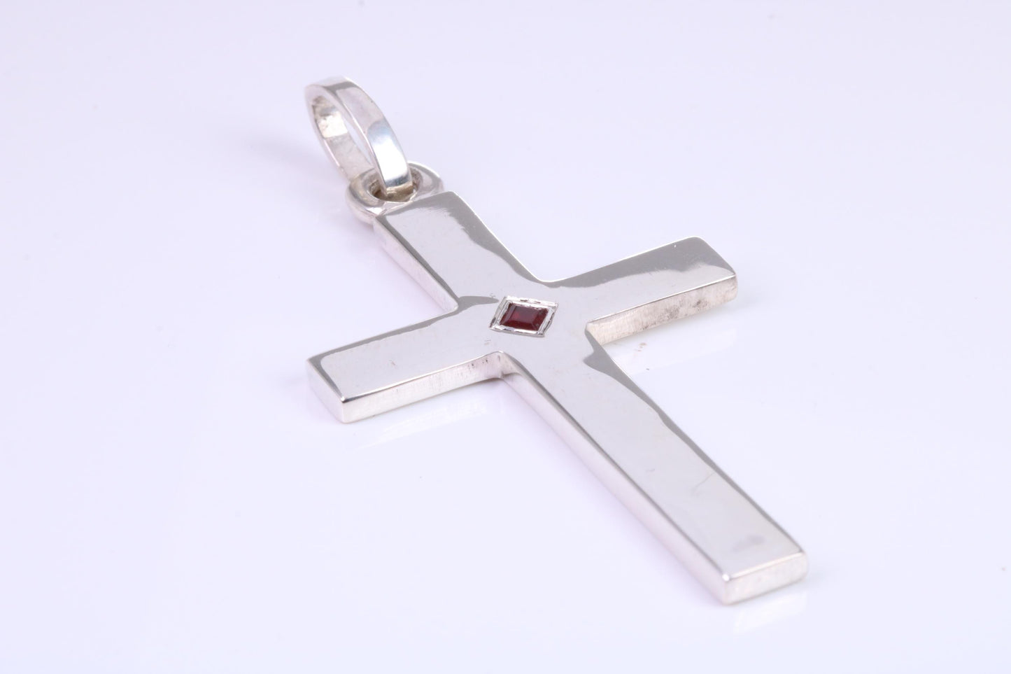 Very Large 60 mm Long Chunky Cross set with Natural Square cut Ruby, Made From Solid Cast Silver, British Hallmarked