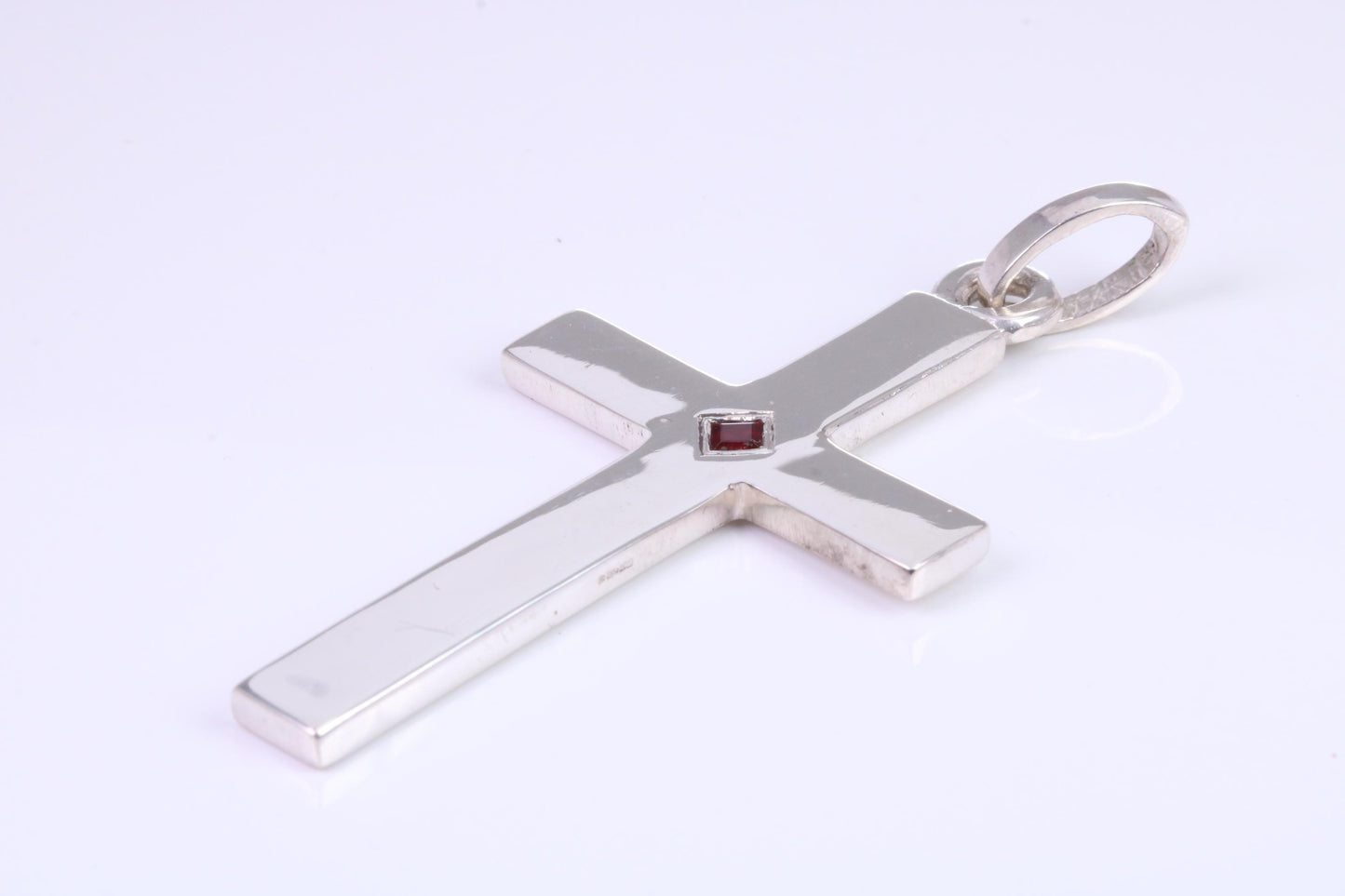 Very Large 60 mm Long Chunky Cross set with Natural Square cut Ruby, Made From Solid Cast Silver, British Hallmarked