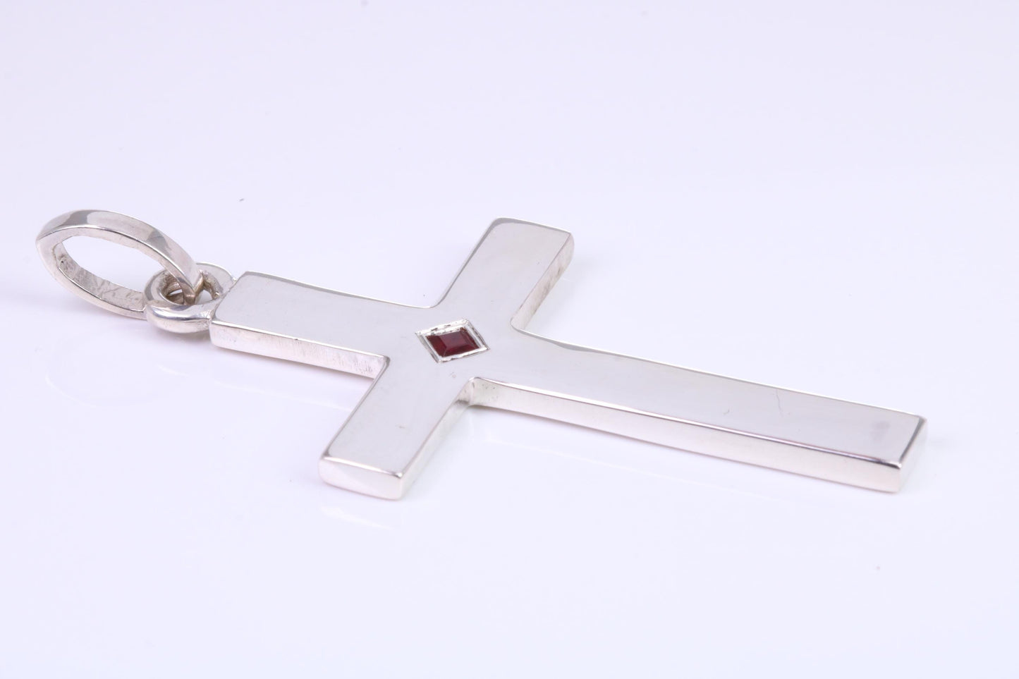 Very Large 60 mm Long Chunky Cross set with Natural Square cut Ruby, Made From Solid Cast Silver, British Hallmarked