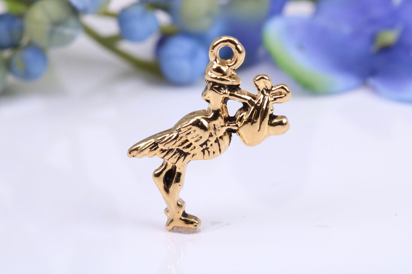 Stork Delivering Baby Charm, Made from Solid Cast Yellow Gold, British Hallmarked, Complete with Attachment Link