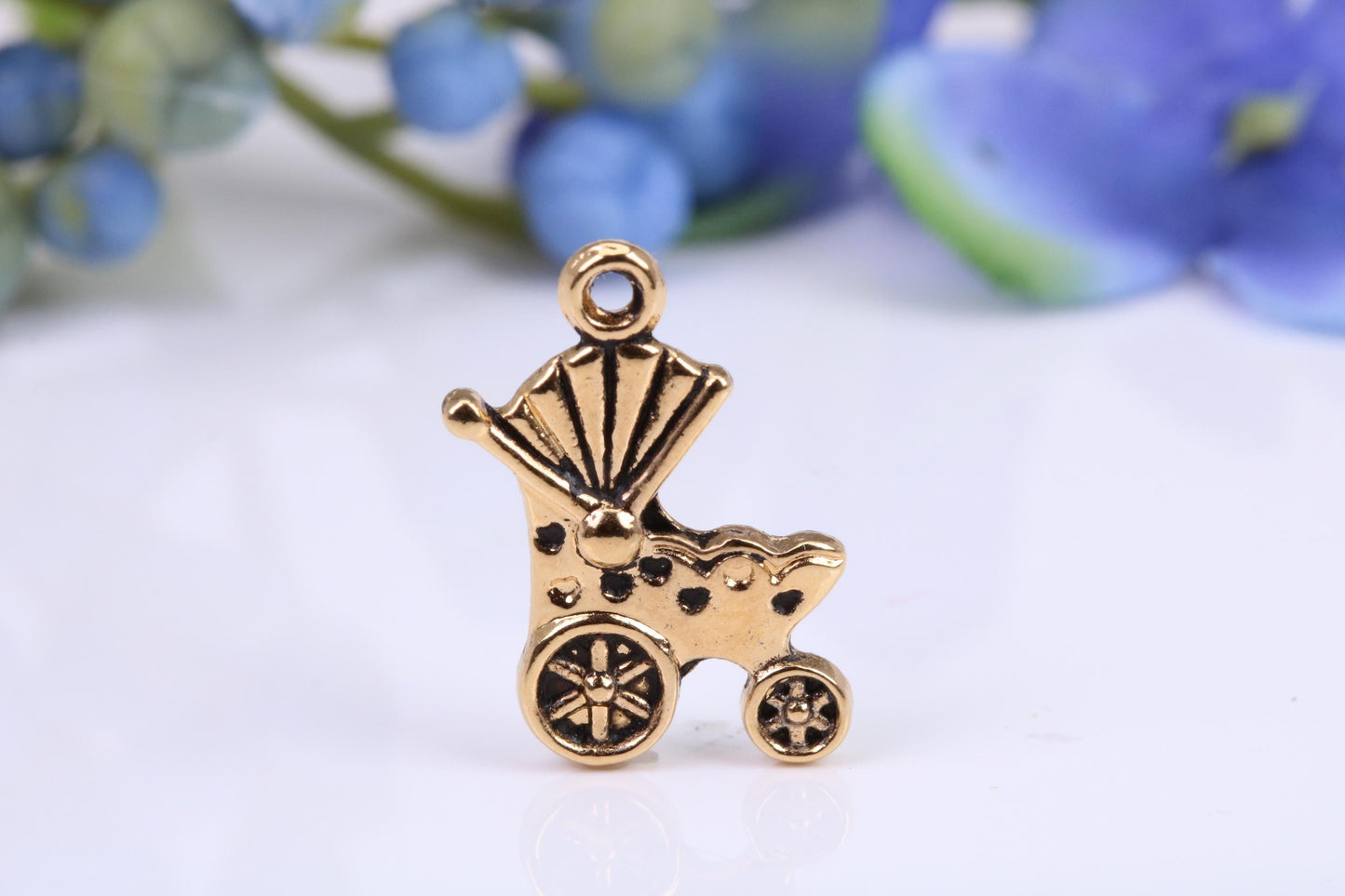 Baby Pram Charm, Traditional Charm, Made from Solid Cast Yellow Gold, British Hallmarked