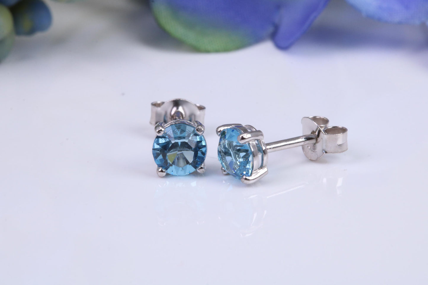 5 mm Round Blue Topaz Cubic Zirconia set Stud Earrings, Made from Solid Cast Sterling Silver