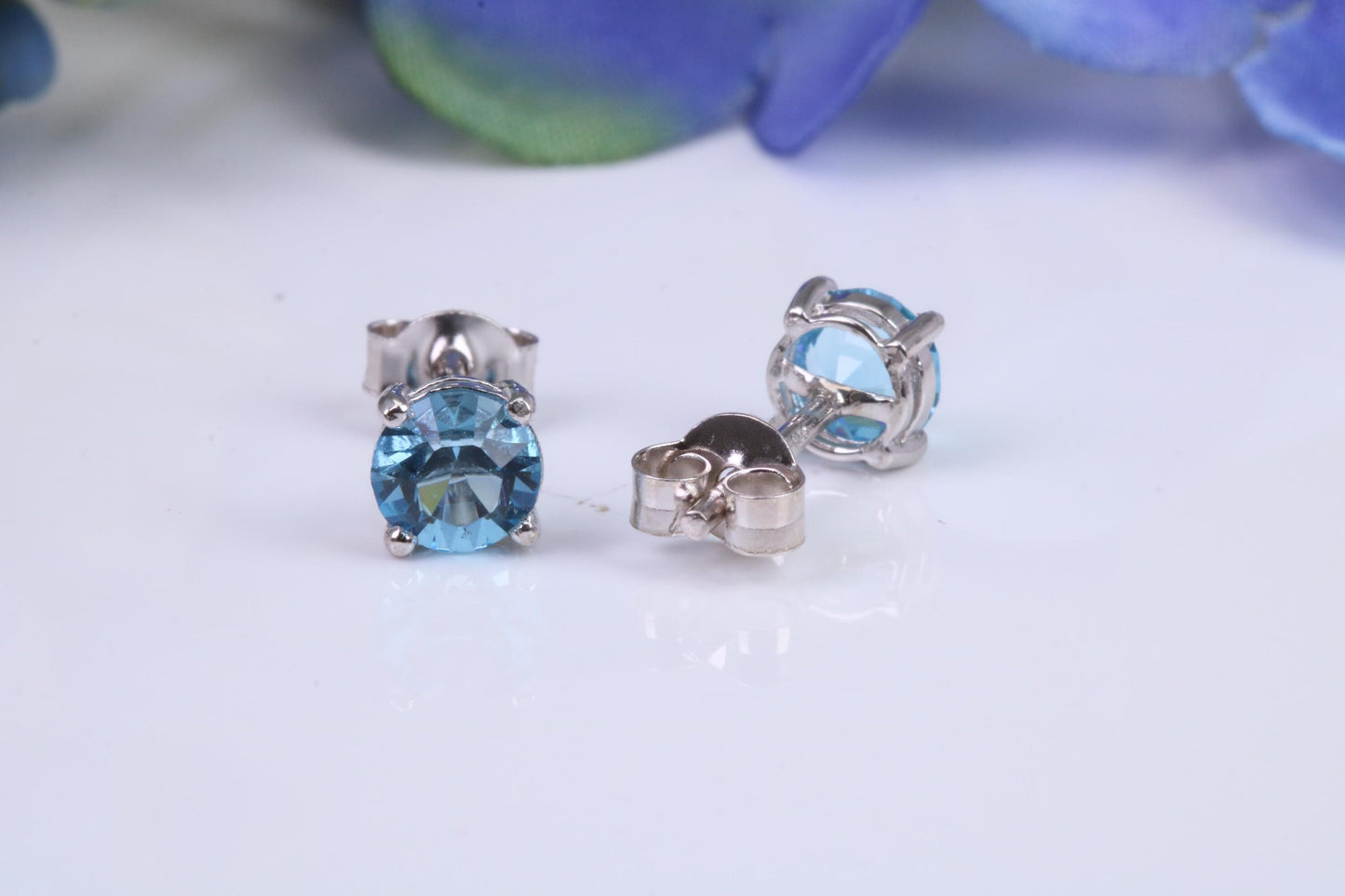 5 mm Round Blue Topaz Cubic Zirconia set Stud Earrings, Made from Solid Cast Sterling Silver