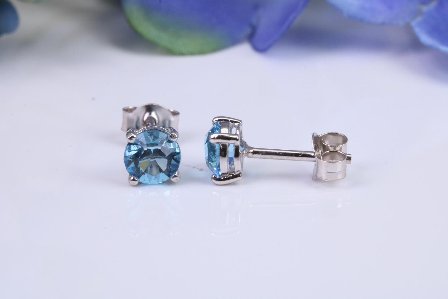 5 mm Round Blue Topaz Cubic Zirconia set Stud Earrings, Made from Solid Cast Sterling Silver